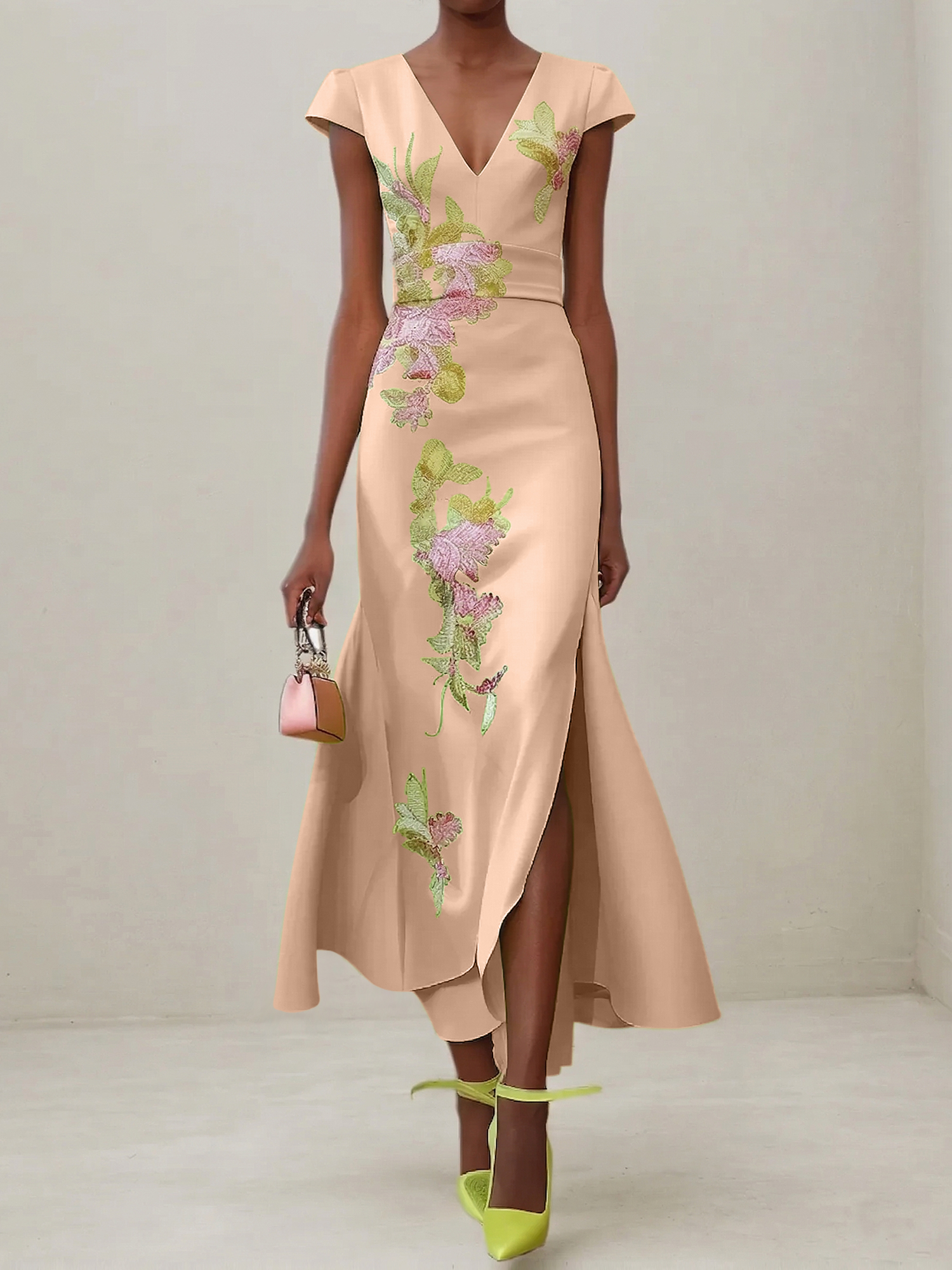 Elegant V-Neck Cap Sleeve Satin Midi Gown with Floral Embroidery & High Slit