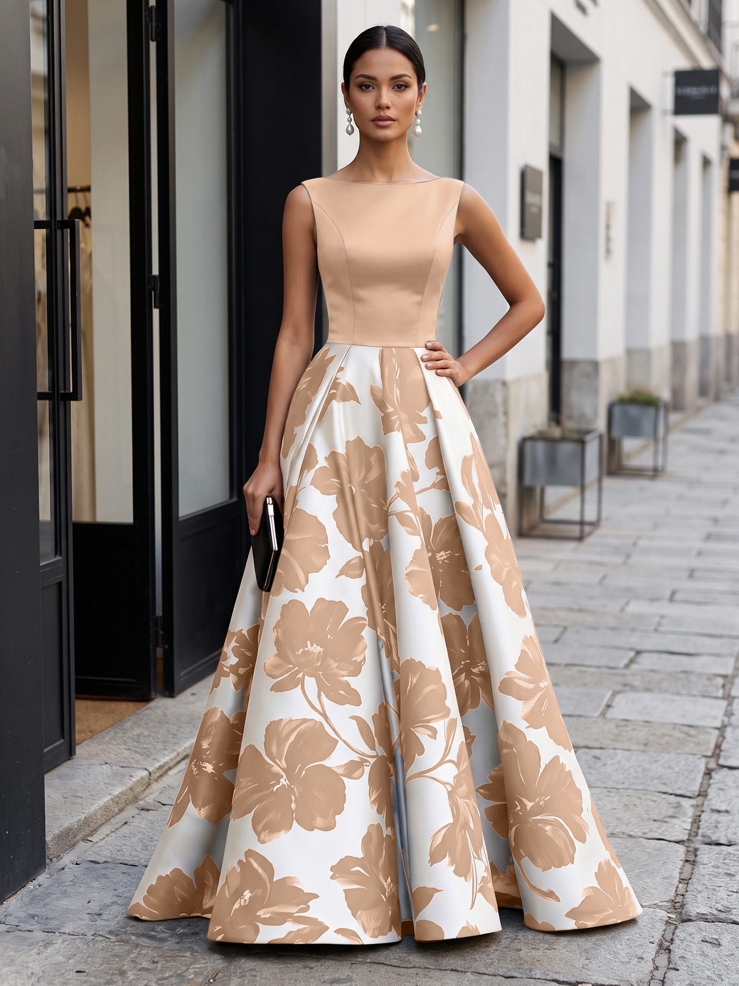 Black Timeless Monochrome Floral Statement Formal Evening Dress