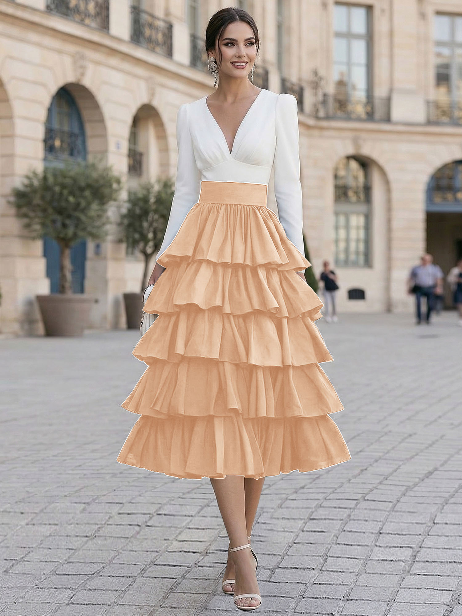 Elegant V-Neck Long Sleeve Tiered Ruffle Midi Dress with Contrast Waistband