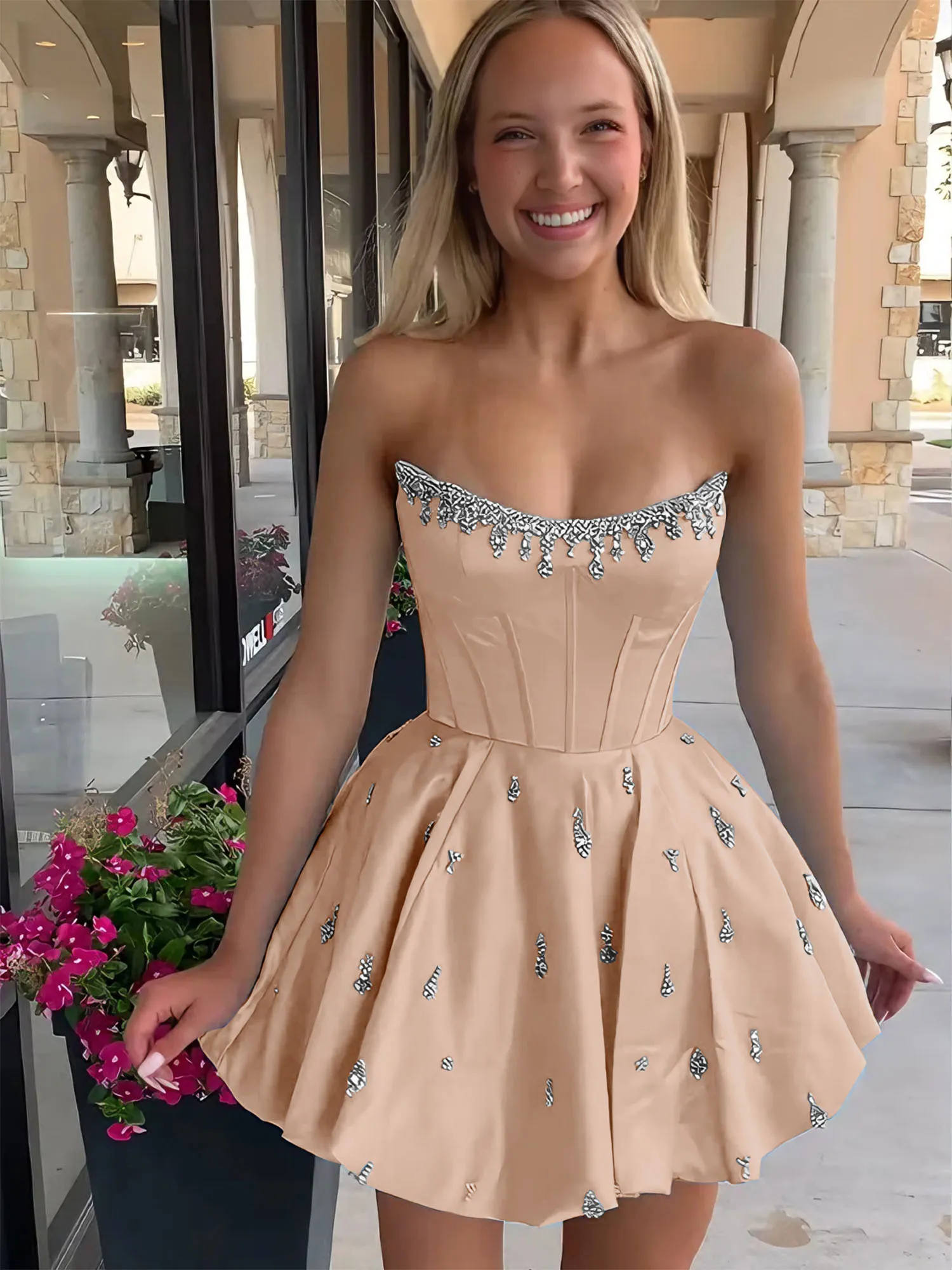 Strapless Beaded Corset Lace-Up Back Satin Homecoming Dress