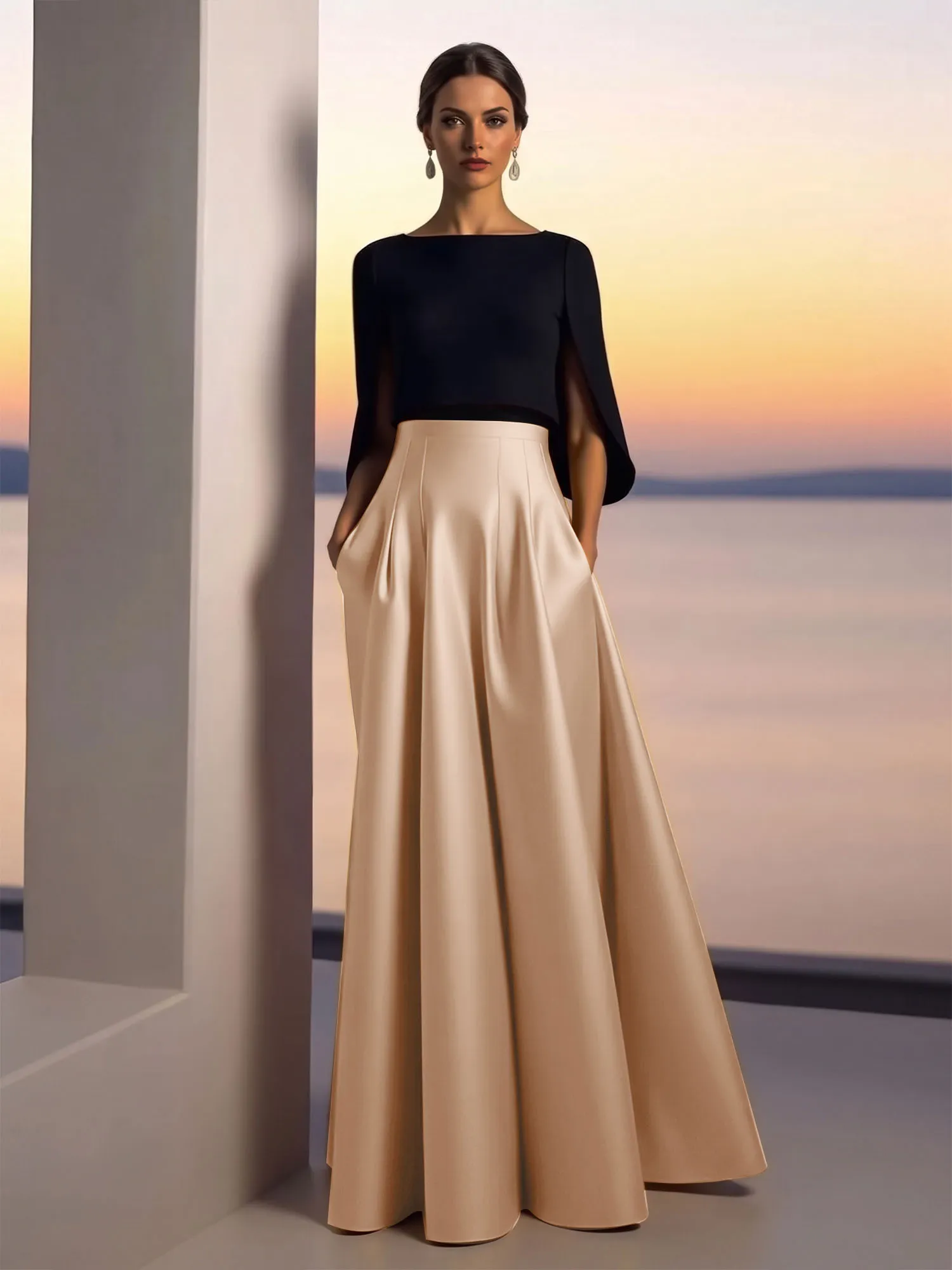 Two-Piece Cape Sleeve Satin Ball Gown Evening Dress