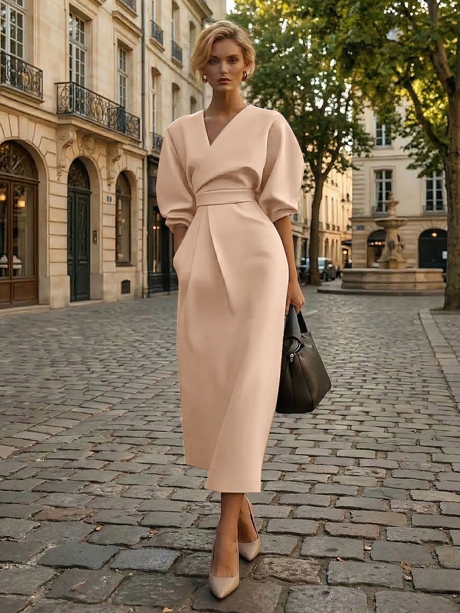 Sophisticated Camel V-Neck Balloon Sleeve Midi Dress Evening Gown