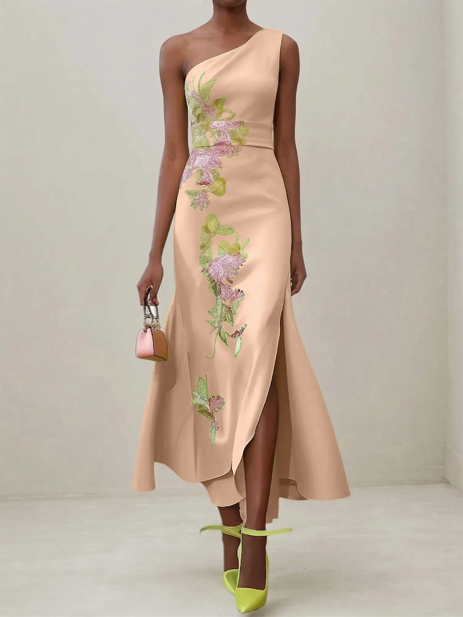 Elegant One Shoulder Cap Sleeve Satin Midi Gown with Floral Embroidery & High Slit