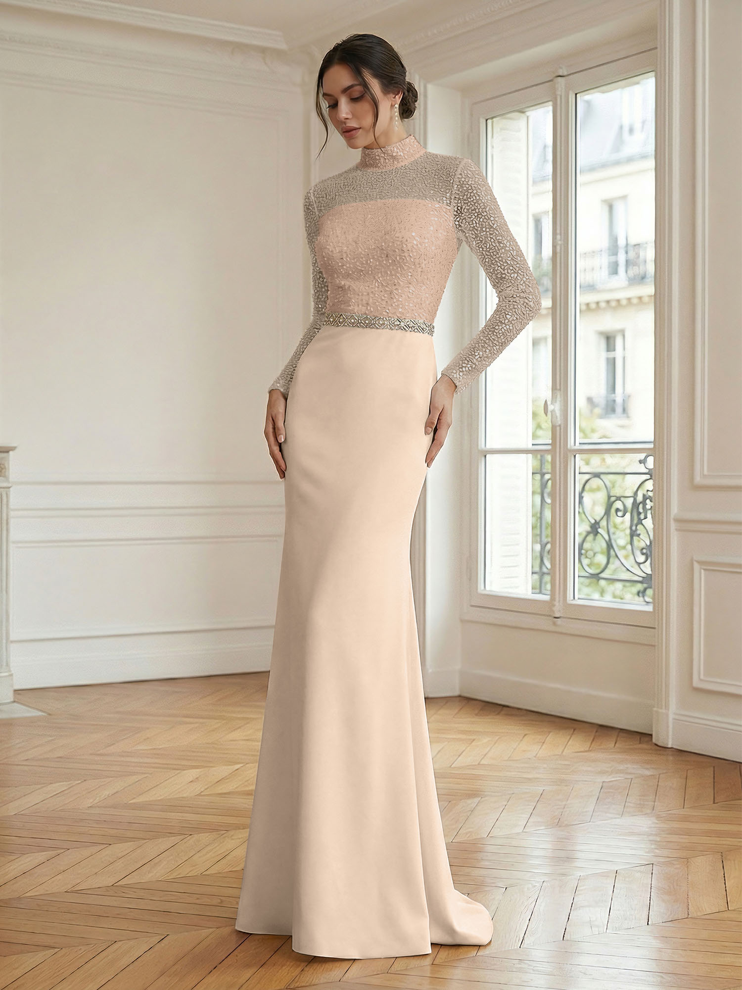 Formal Dress White Sheath Illusion Neck Beaded Chiffon Maxi Dress