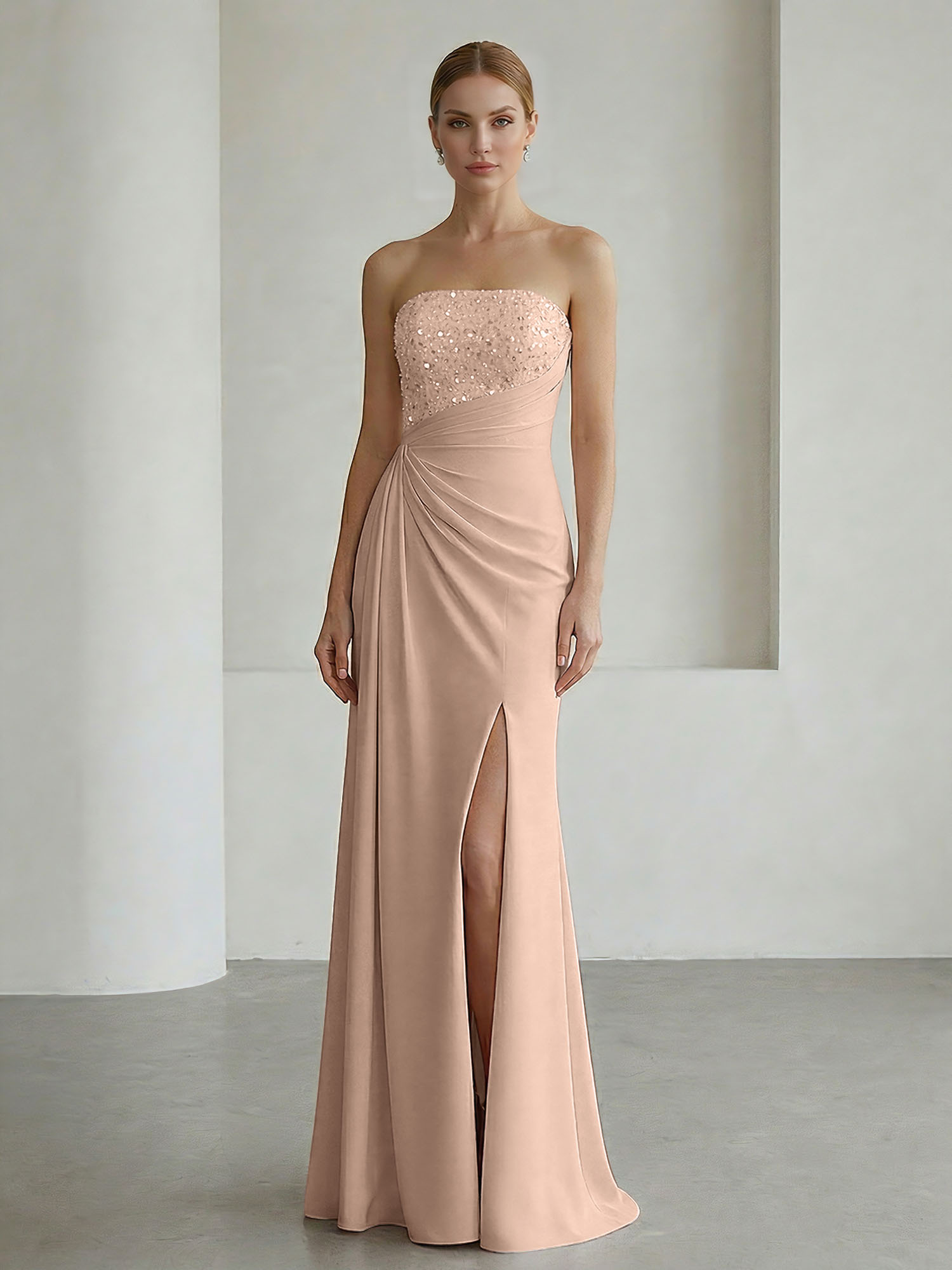 Glamorous Formal Evening Dress Soft Blush Beaded Strapless Slit Gown