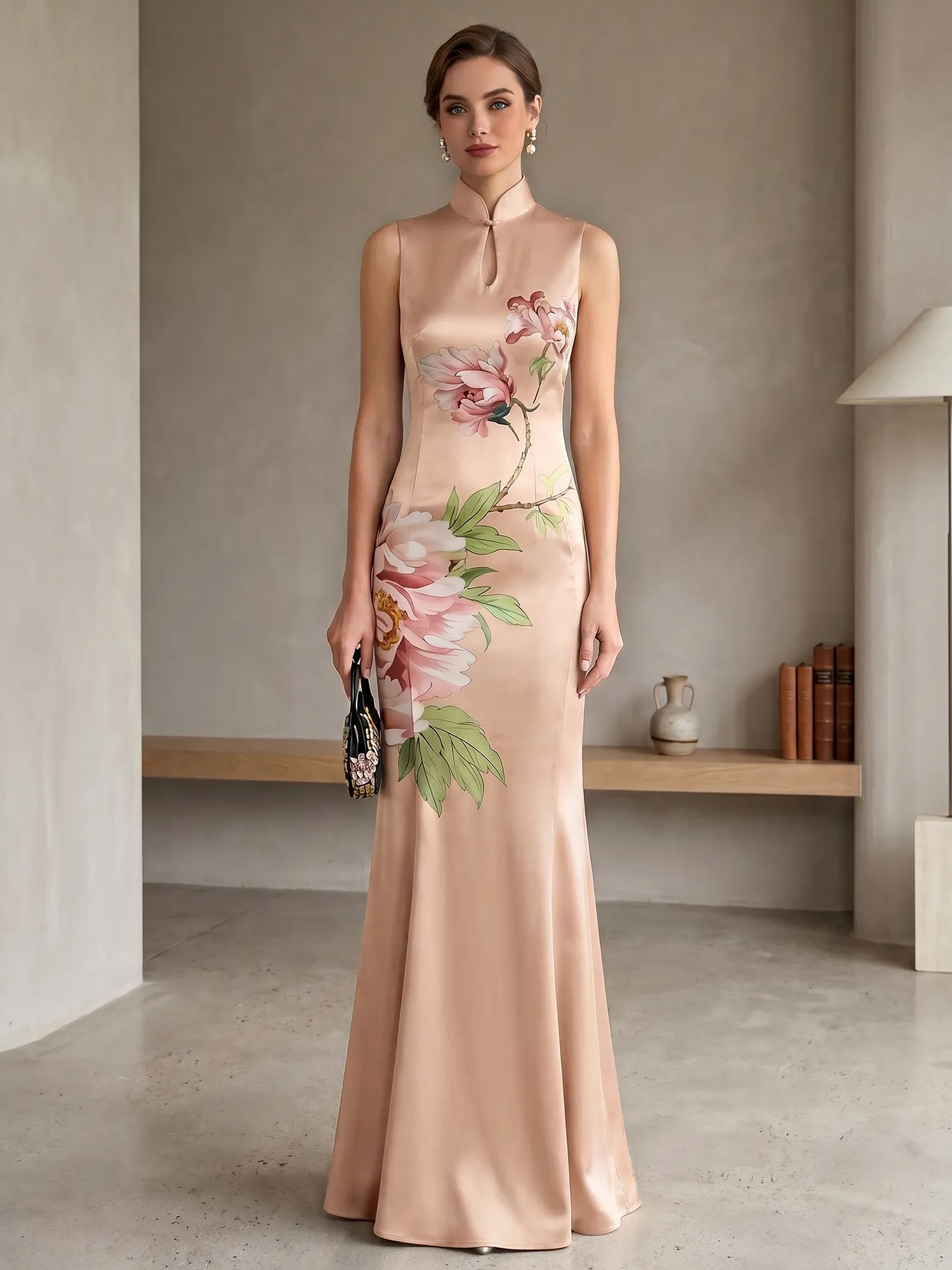 Satin Qipao-Inspired Floral Mermaid Evening Gown