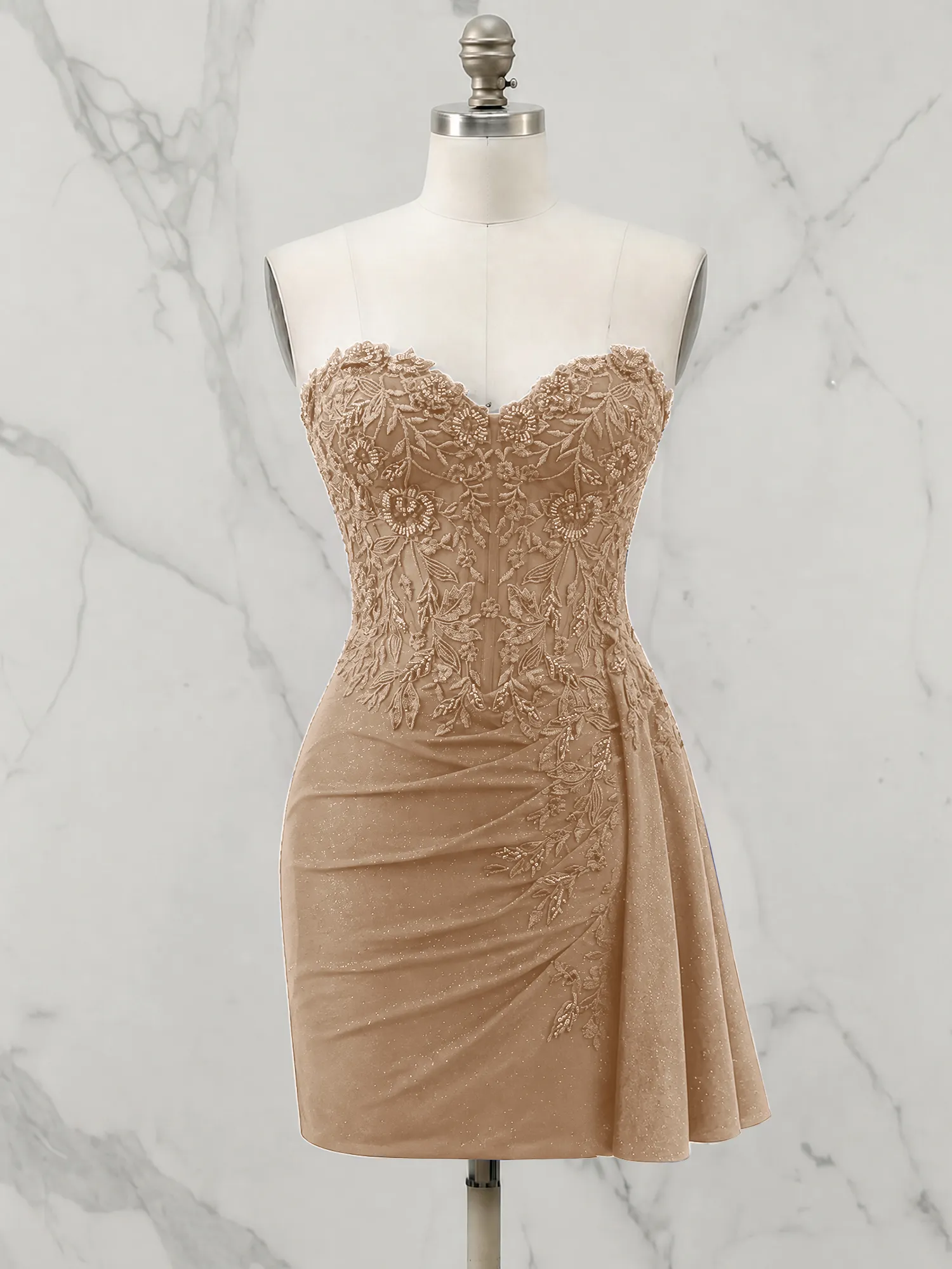 Strapless Lace Appliqué Glitter Homecoming Dress with Side Drape