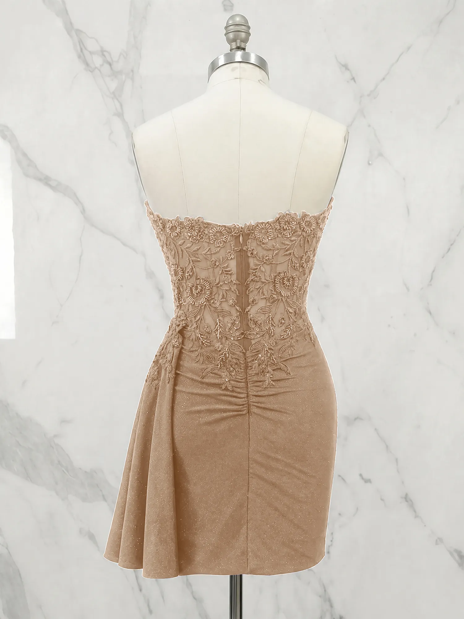 Strapless Lace Appliqué Glitter Homecoming Dress with Side Drape