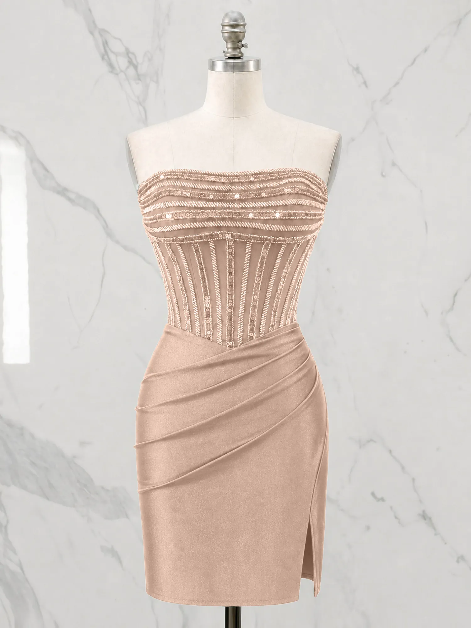 Strapless Beaded Corset Homecoming Dress with Ruched Skirt