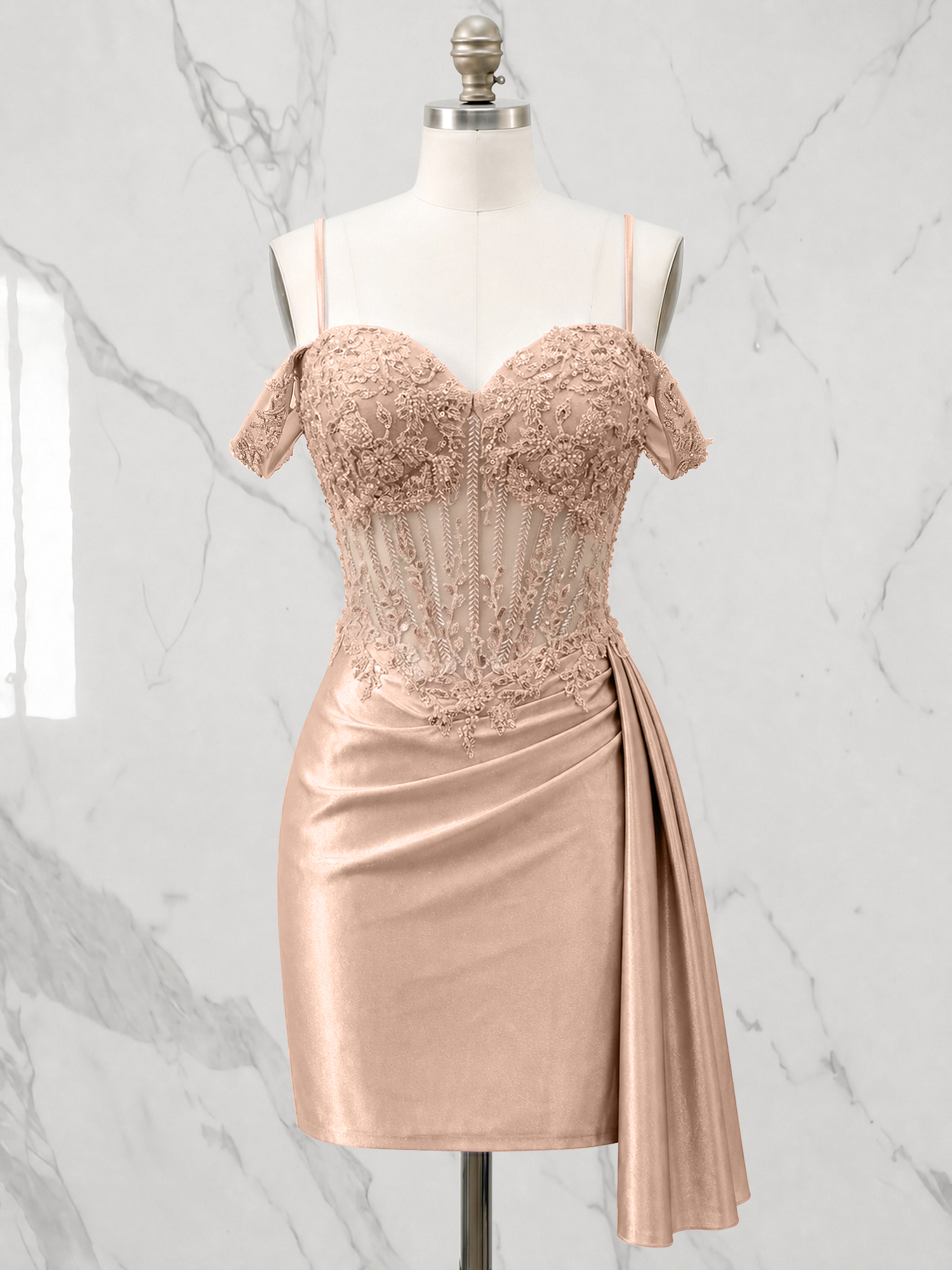 Off-the-Shoulder Lace Corset Homecoming Dress with Side Drape