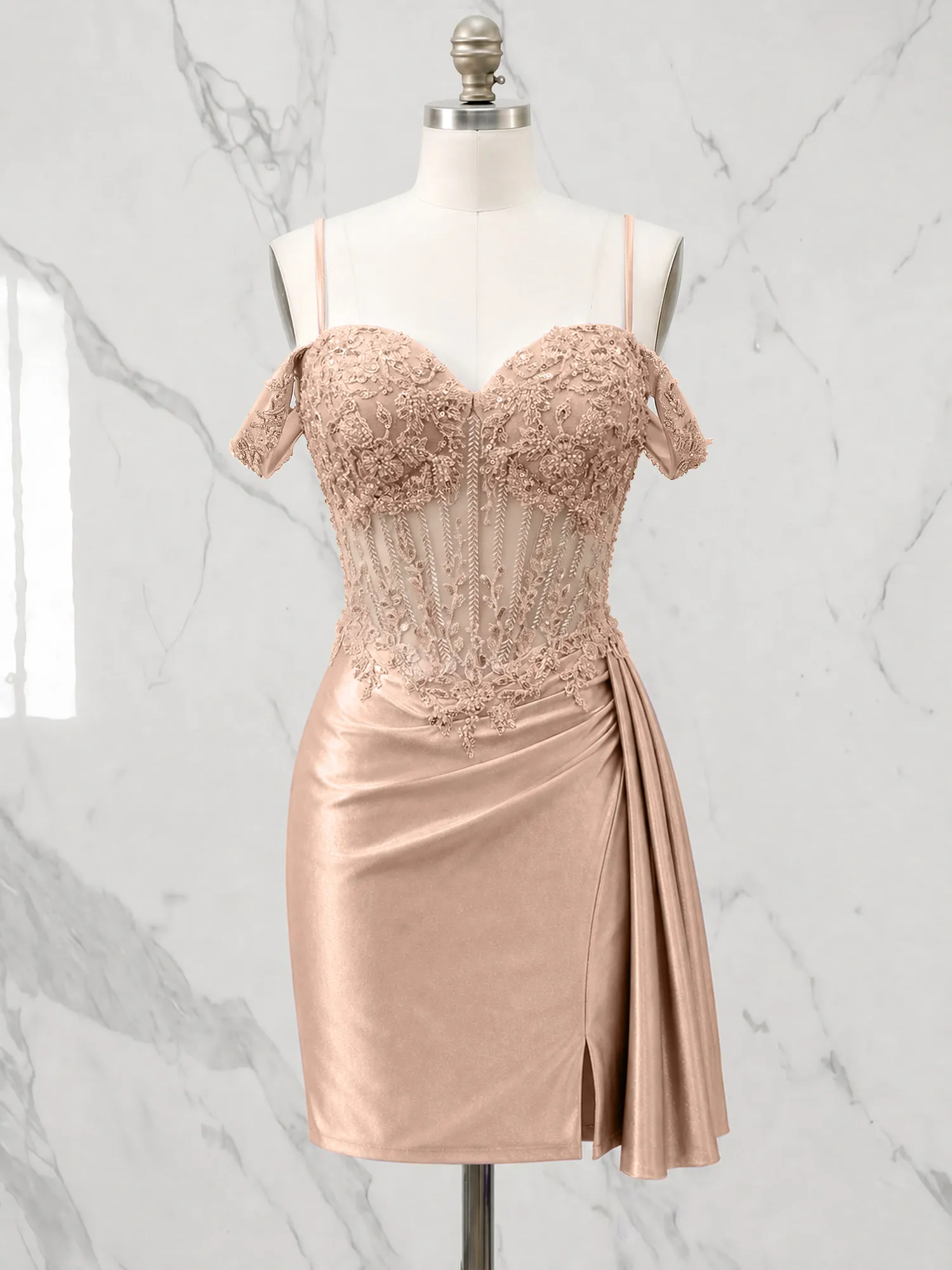 Off-the-Shoulder Lace Corset Homecoming Dress with Draped Skirt