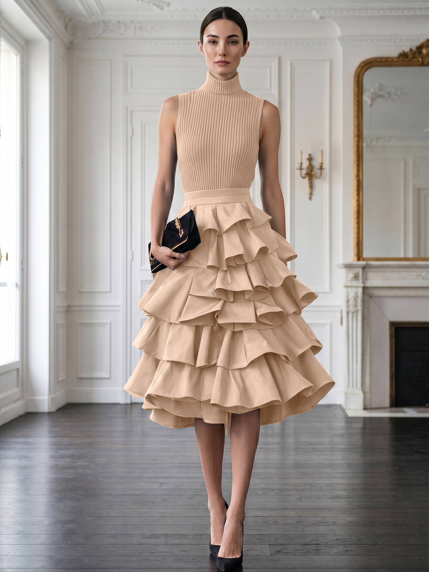 Avant-Garde Black High-Neck Tiered Ruffled Evening Gown