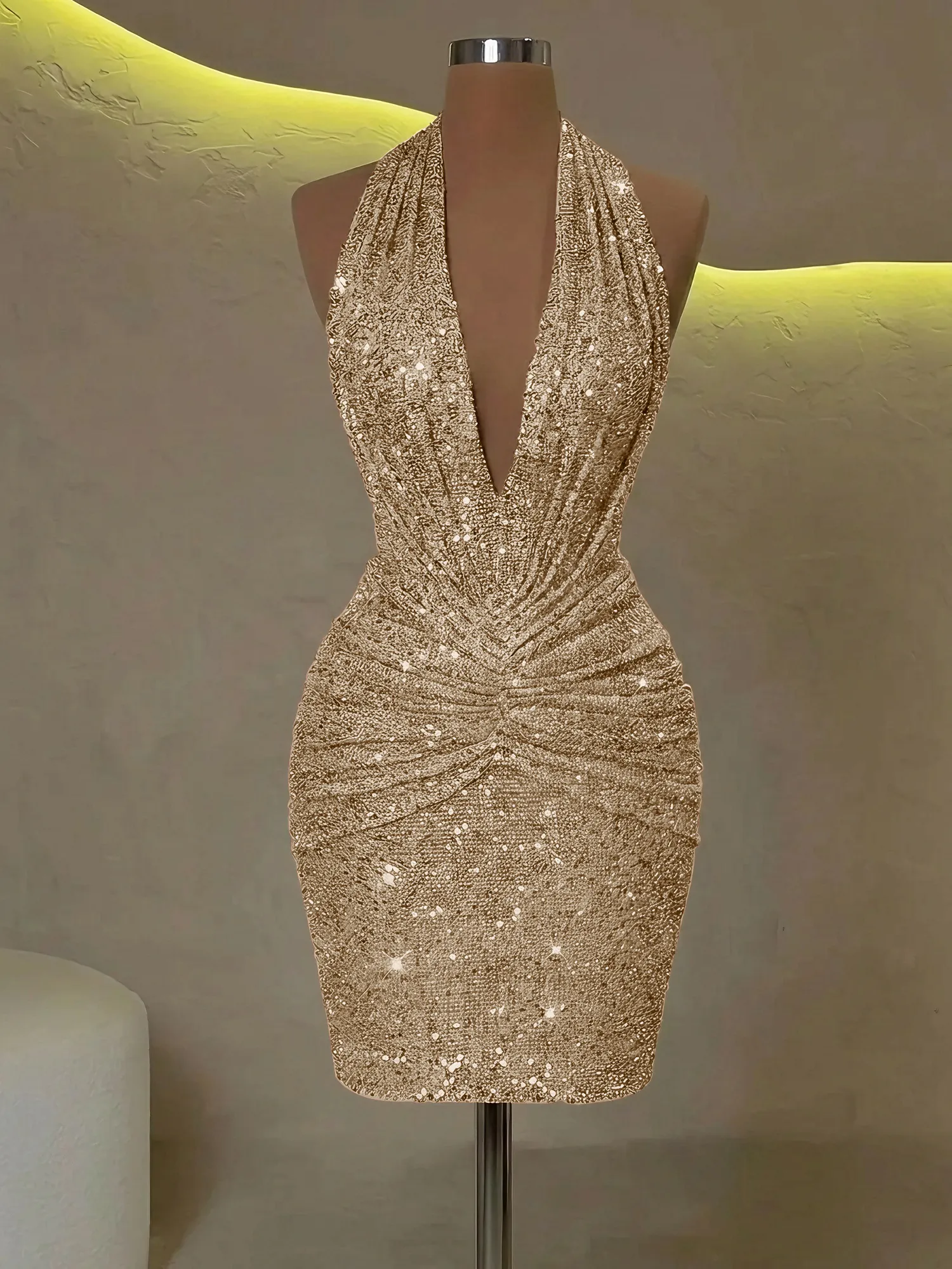 Sequin Halter Deep V-Neck Bodycon Homecoming Dress Mini Dress