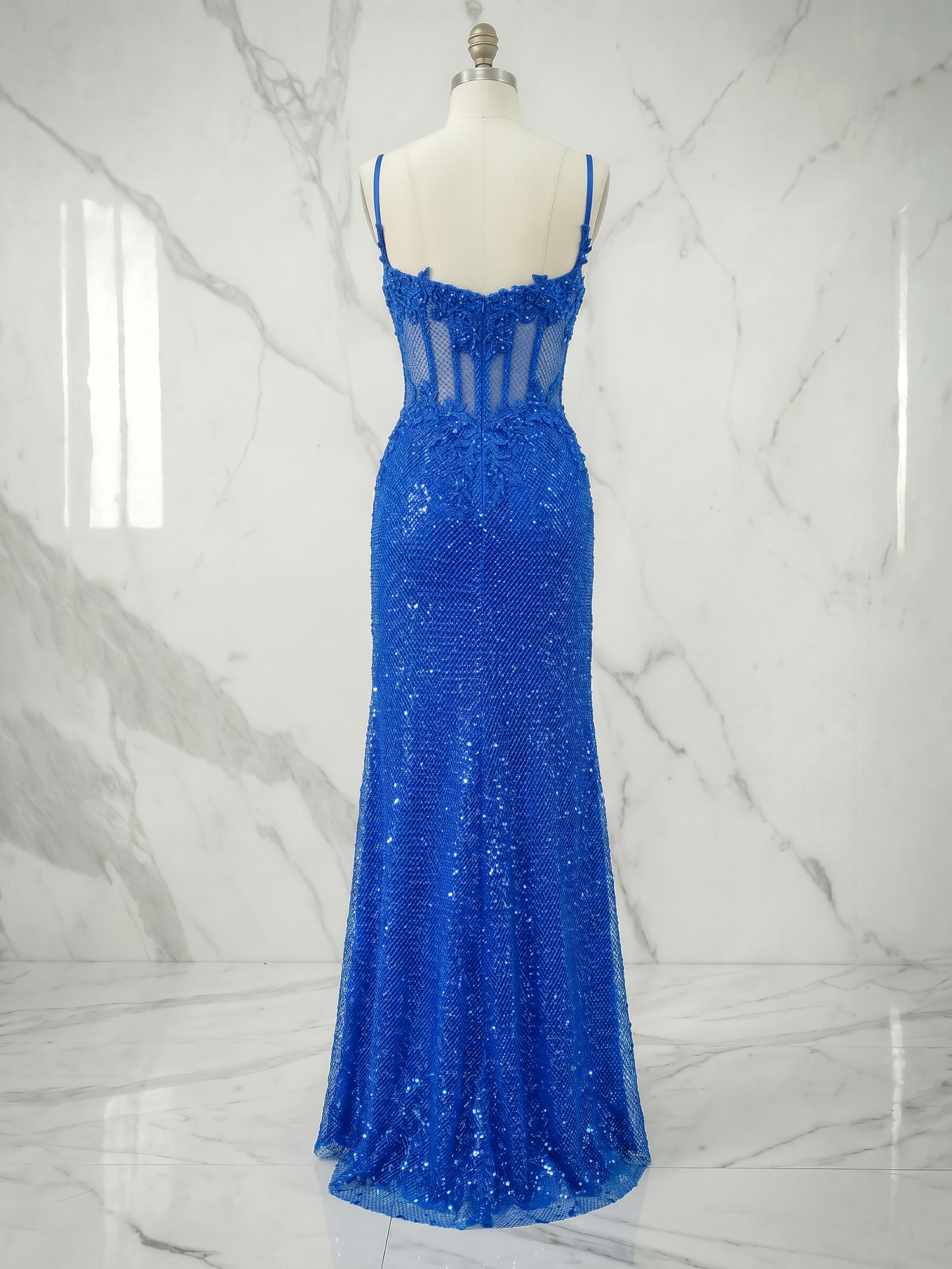 Glamorous Royal Blue Lace Corset Prom Dress with Slit