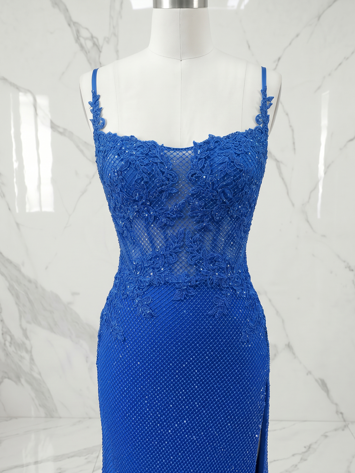 Glamorous Royal Blue Lace Corset Prom Dress with Slit
