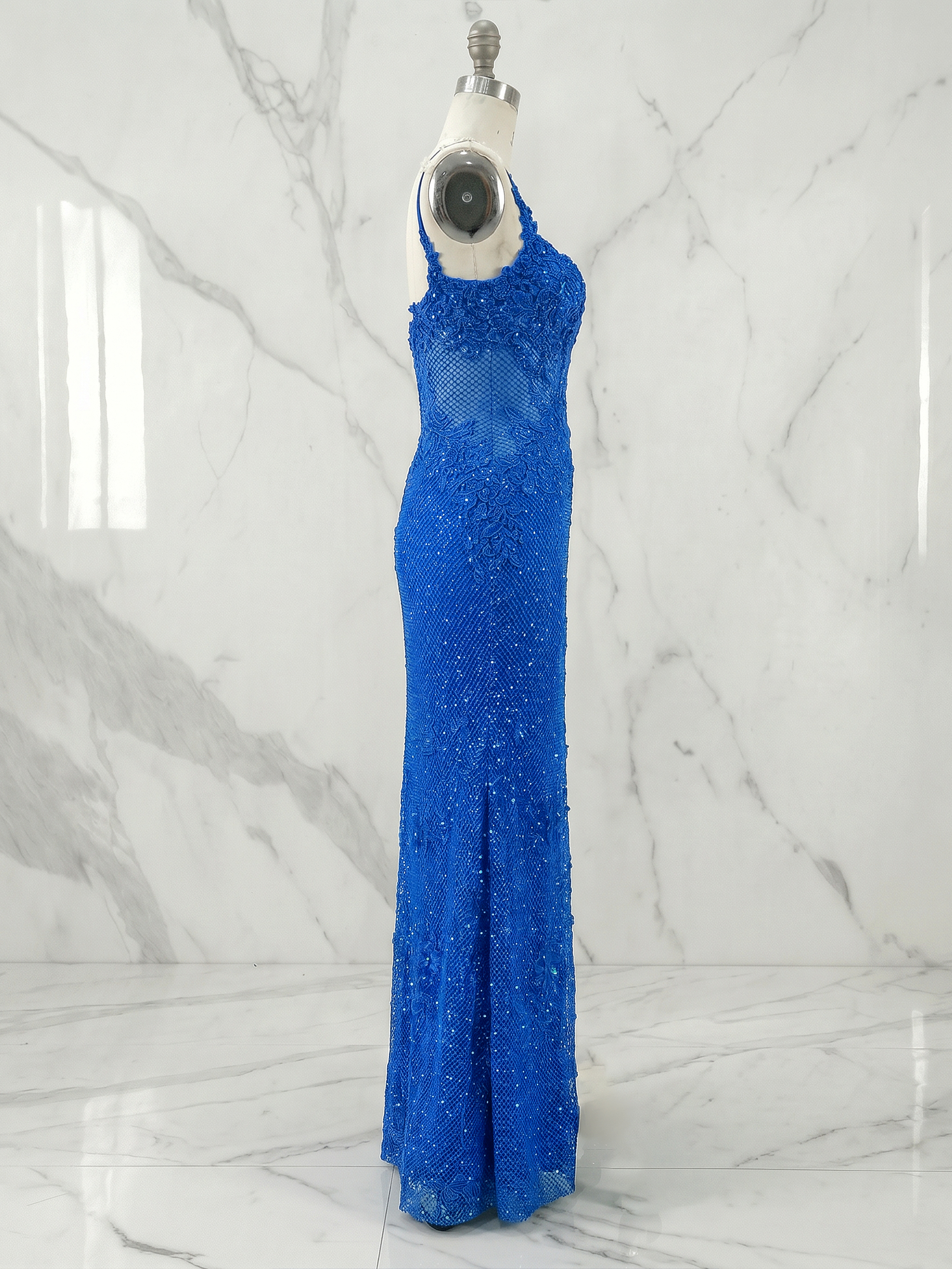Glamorous Royal Blue Lace Corset Prom Dress with Slit