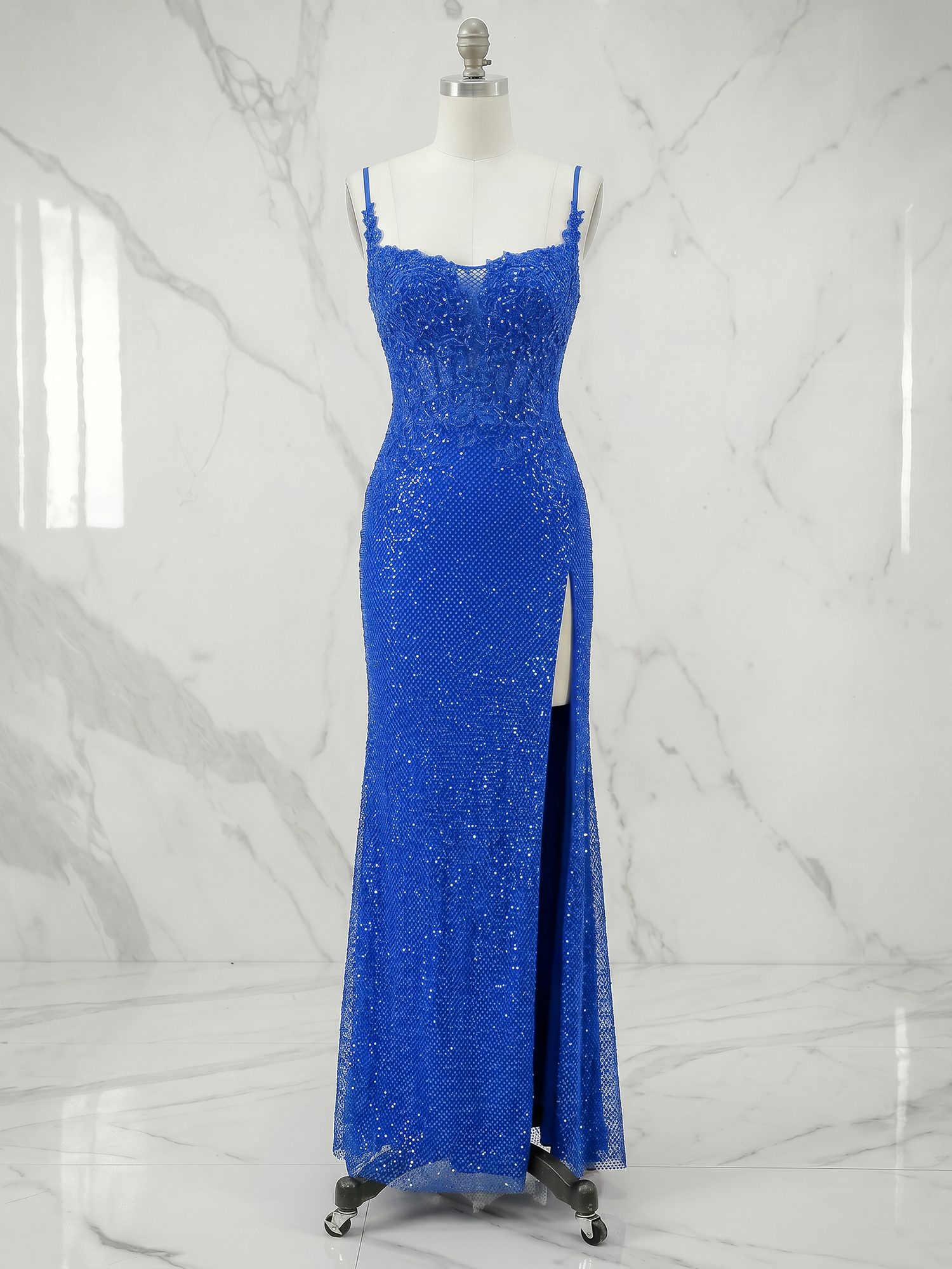 Glamorous Royal Blue Lace Corset Prom Dress with Slit