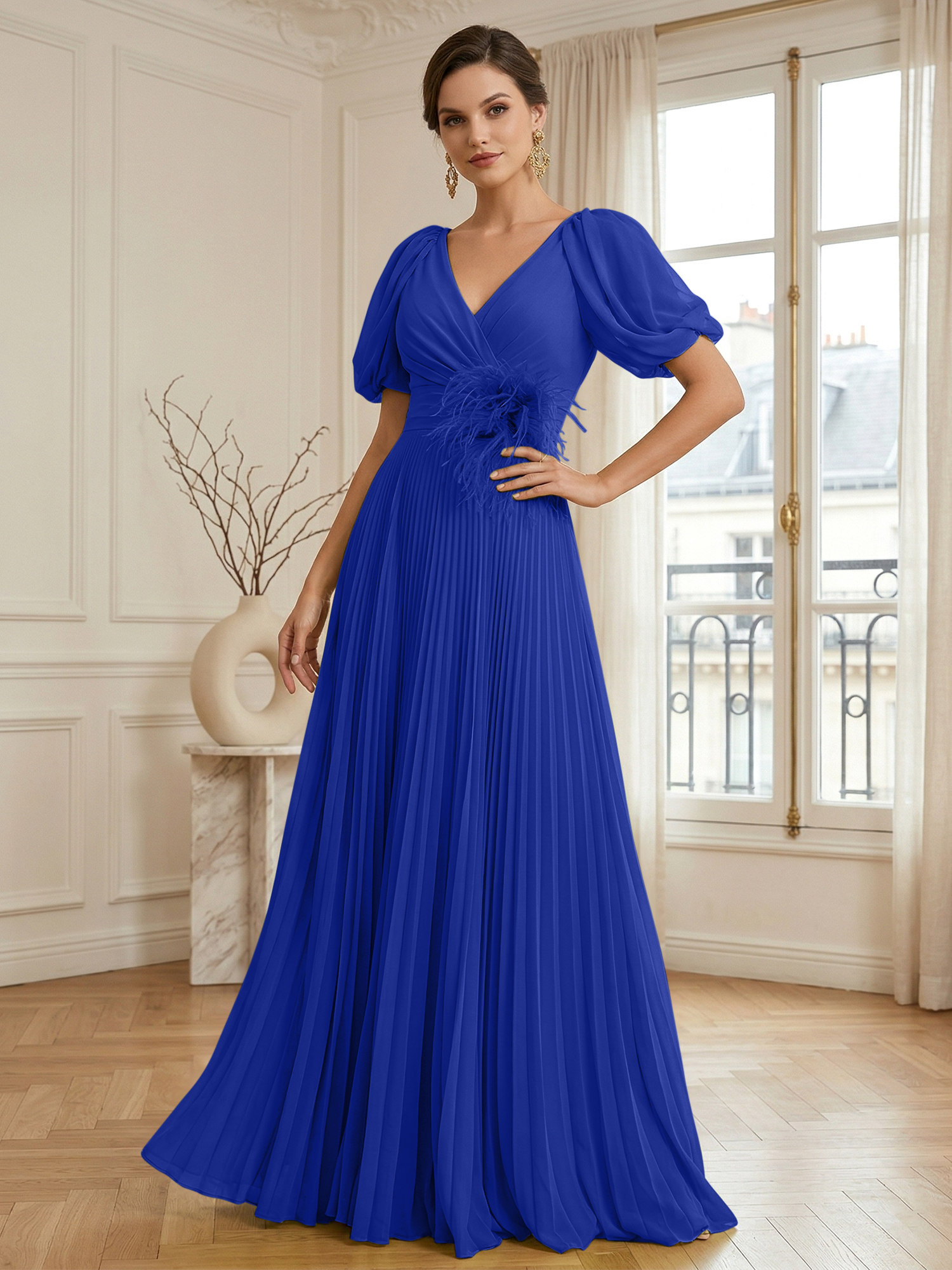 A-Line Chiffon Evening Gown with Feather V-Neck Short Sleeves Formal Dress