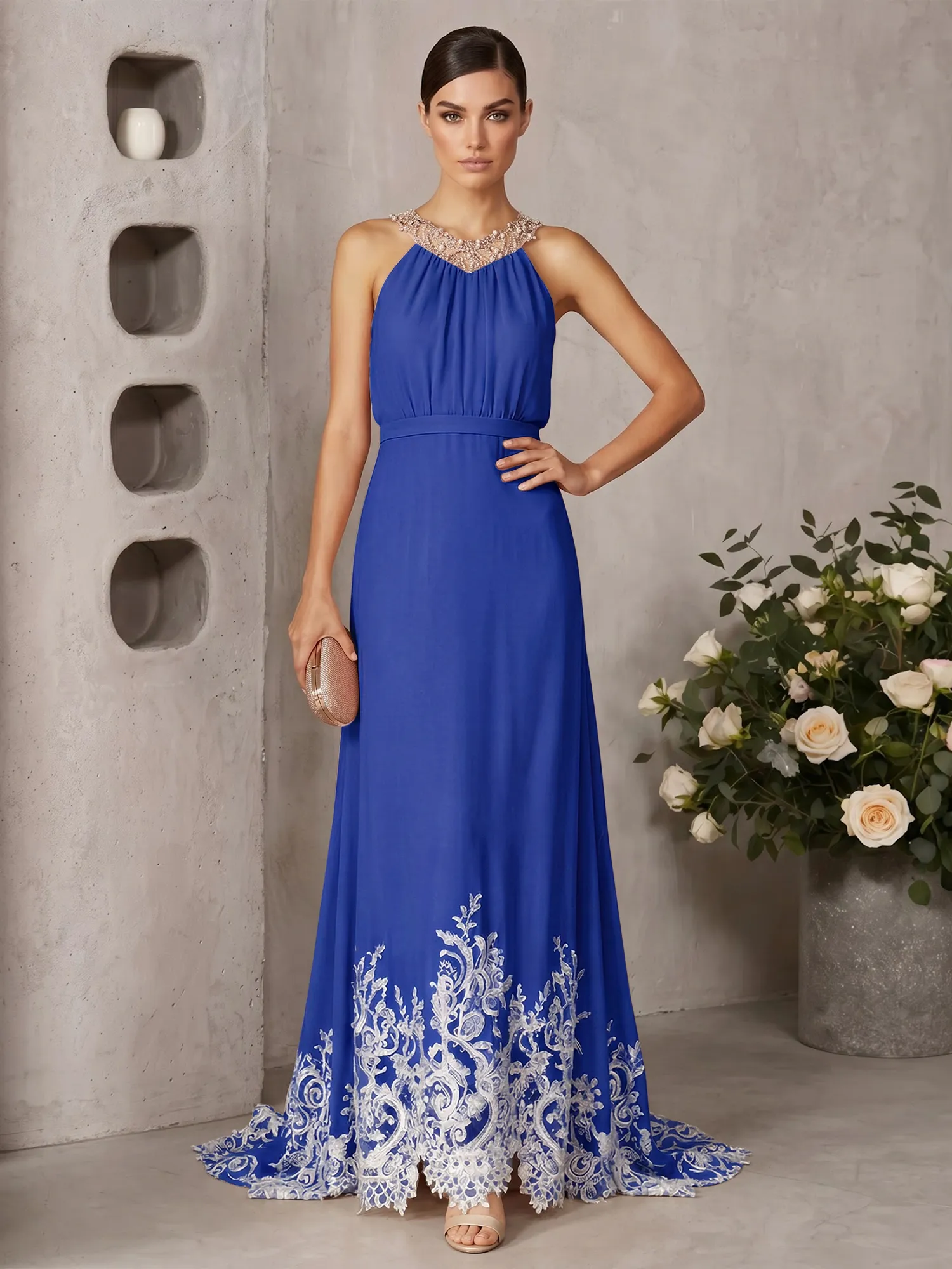Halter Neck Beaded Chiffon Gown with Lace Hem