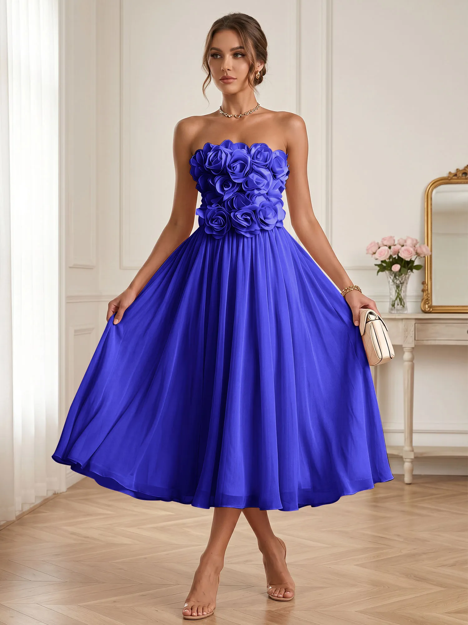 Strapless 3D Floral Chiffon A-Line Midi Formal Dress
