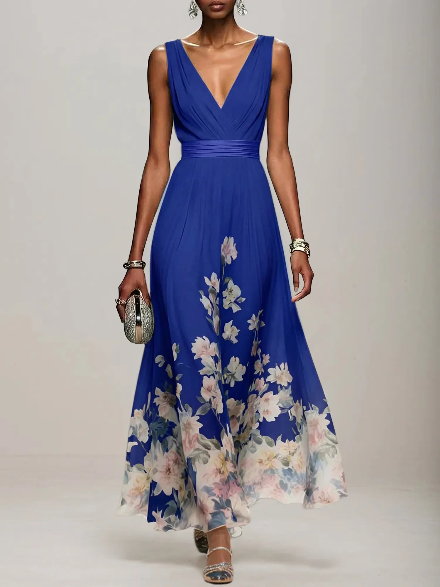 V-Neck Floral Print Chiffon Maxi Evening Dress with Satin Waist Bow