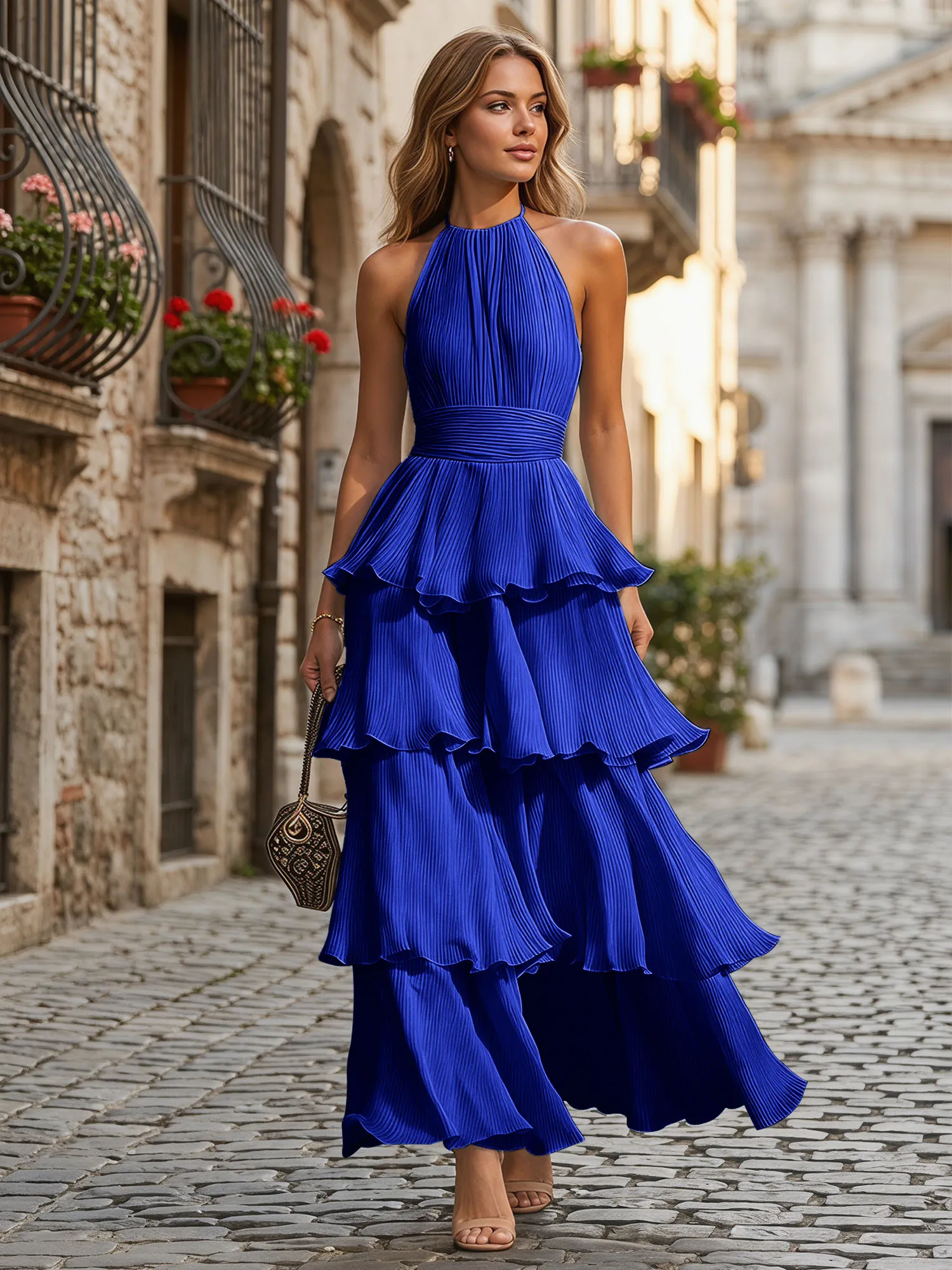A Line Halter Neck Tiered Ruffle Chiffon Evening Dress