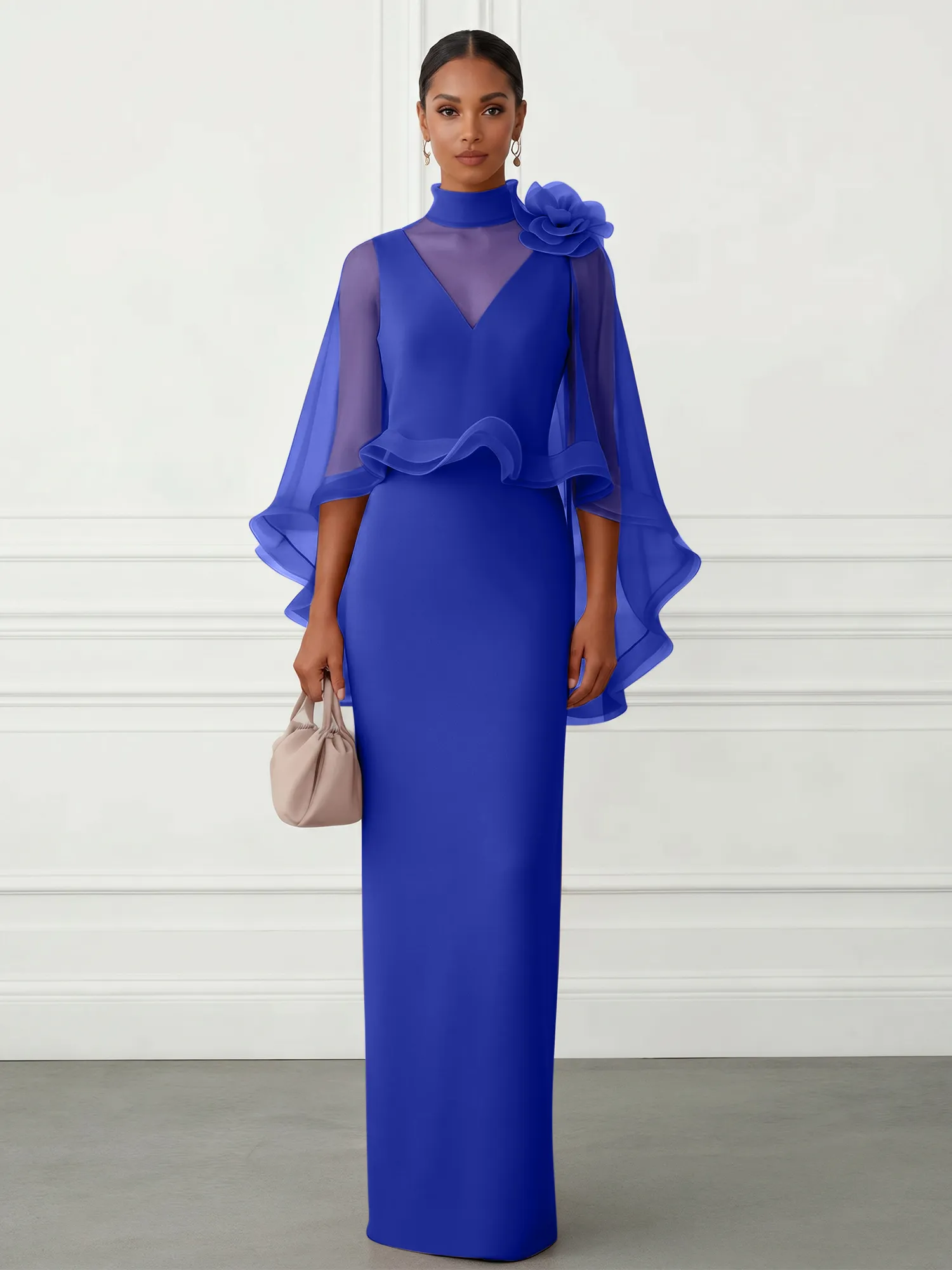 High-Neck Chiffon Cape Sleeve Sheath Evening Gown