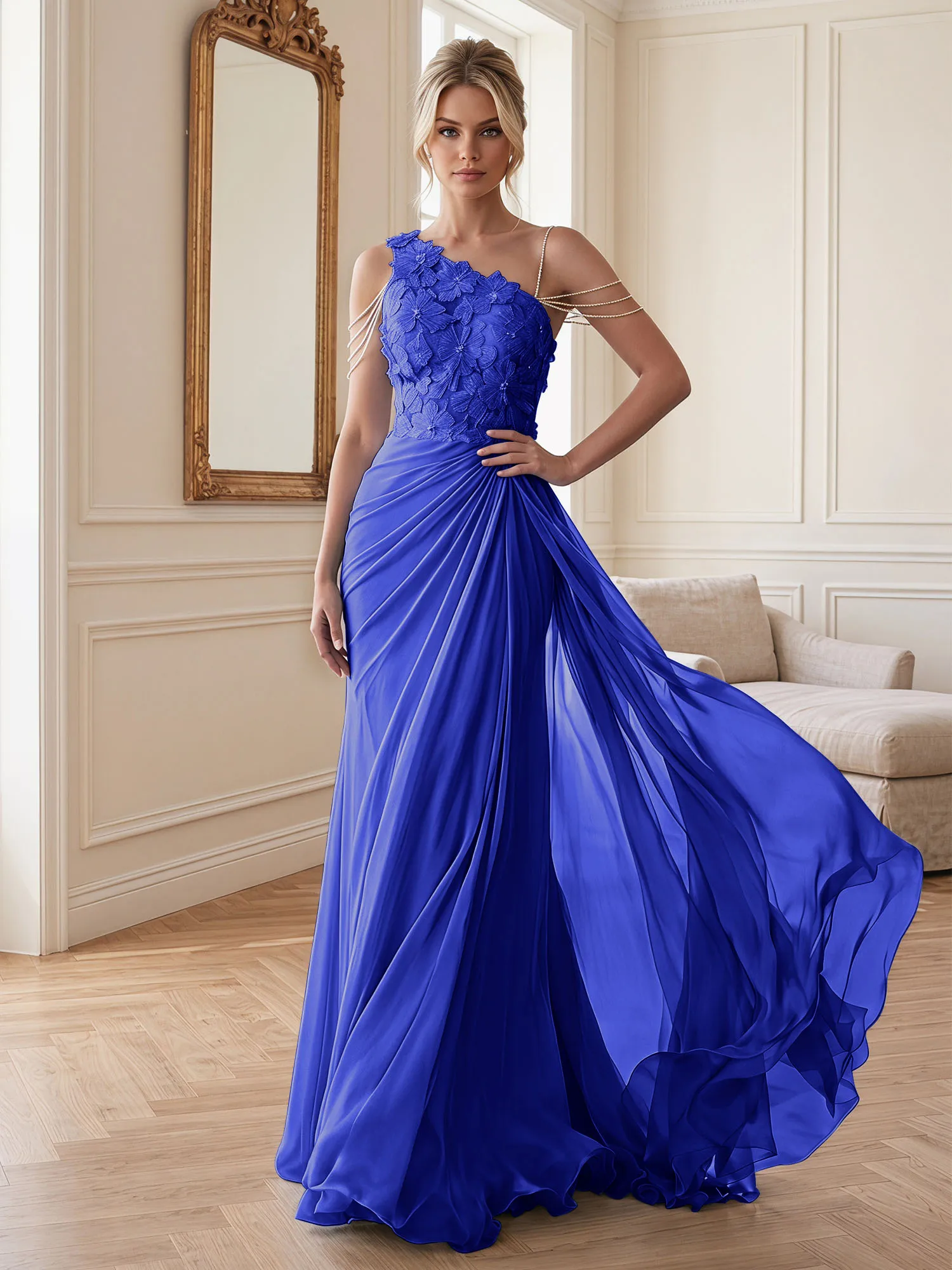 One-Shoulder Floral Lace Chiffon Evening Gown