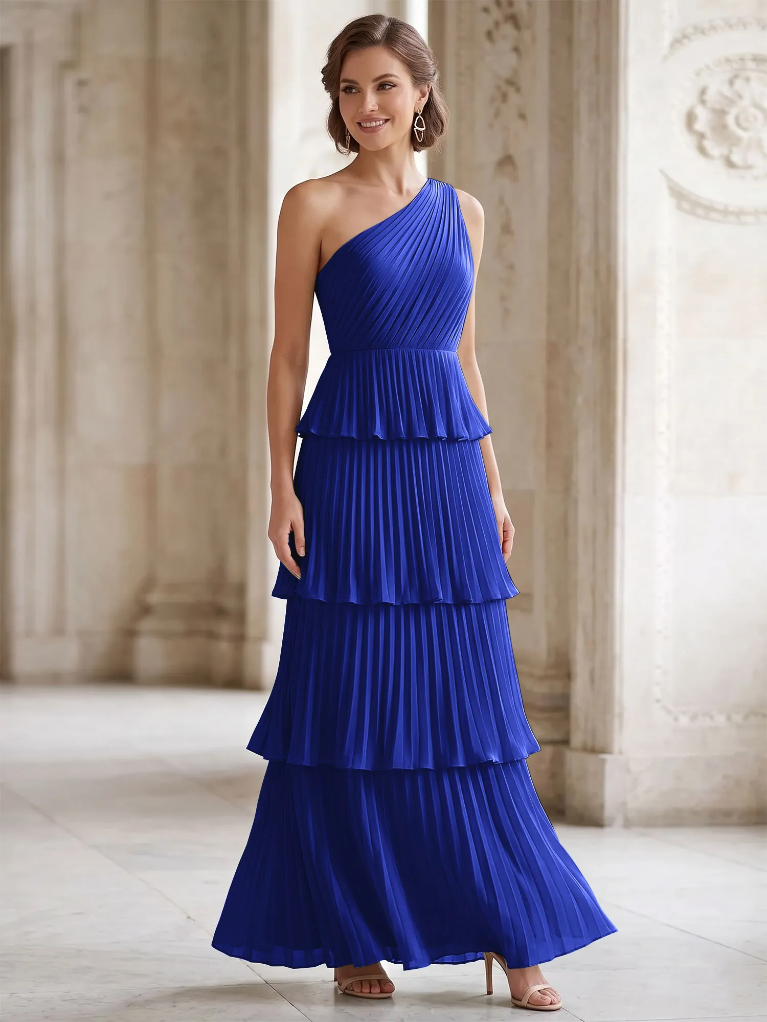 One-Shoulder Tiered Pleated Chiffon Evening Gown