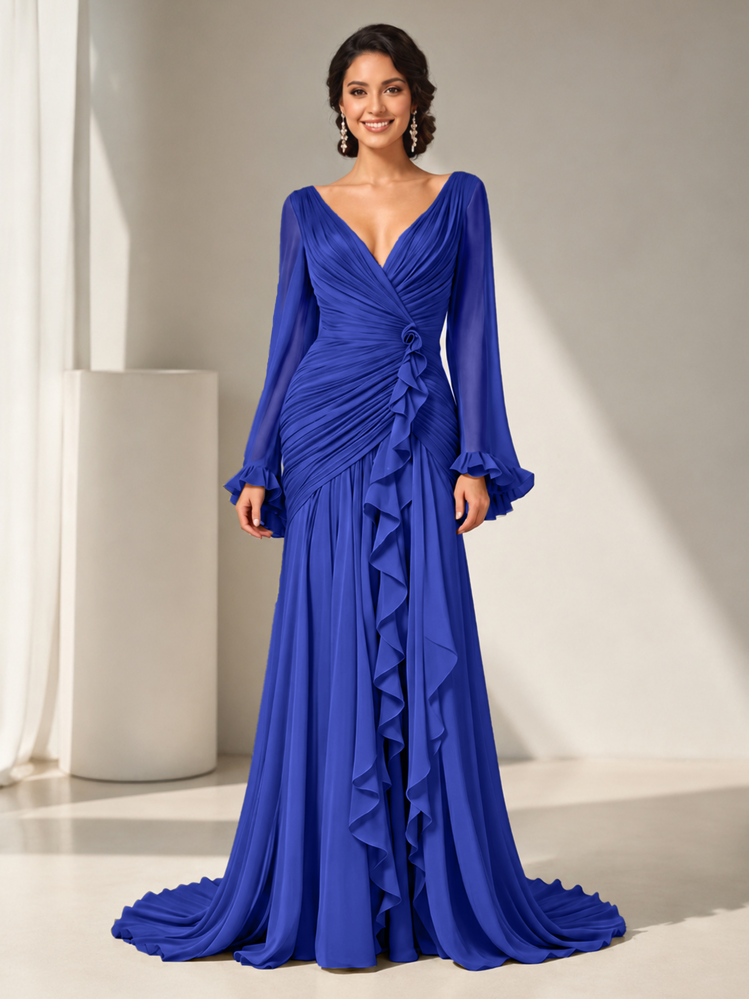 Grecian Olive Green Ruched Long-Sleeve Cascading Ruffle Formal Evening Dress