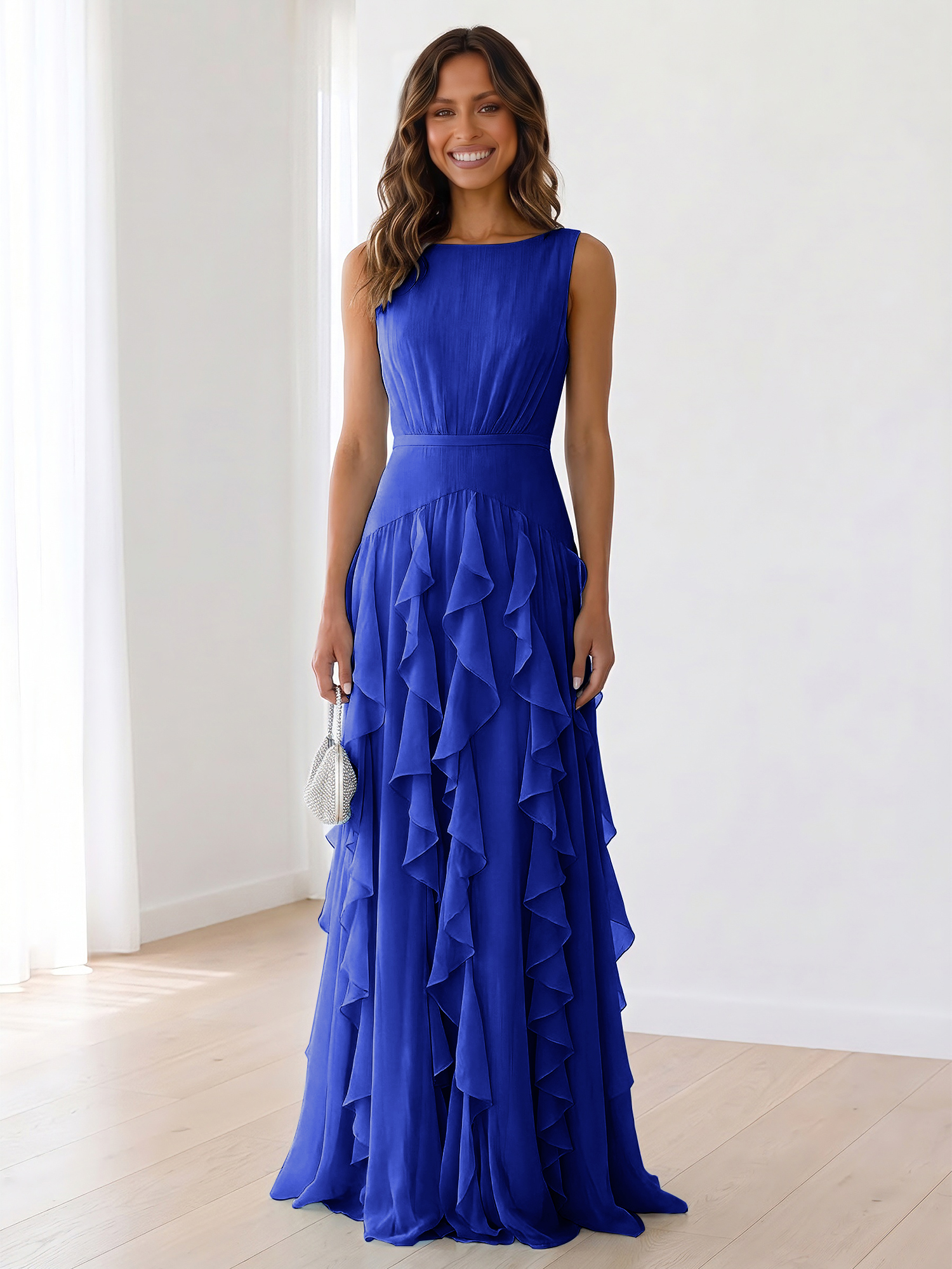 Ethereal Powder Blue Cascading Ruffle Maxi Formal Evening Dress