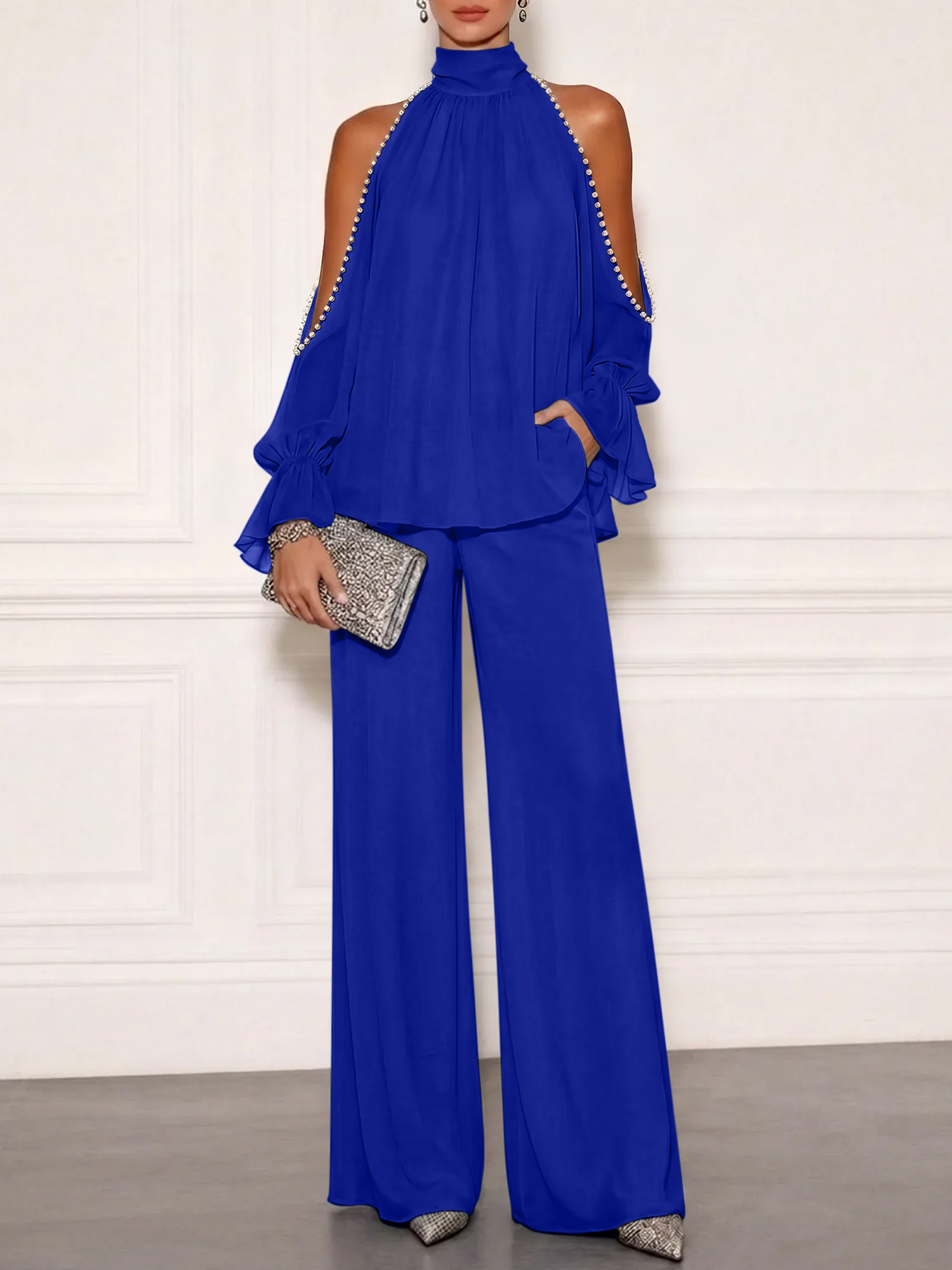 Sophisticated Embellished Cold Shoulder Formal Evening Jumpsuit