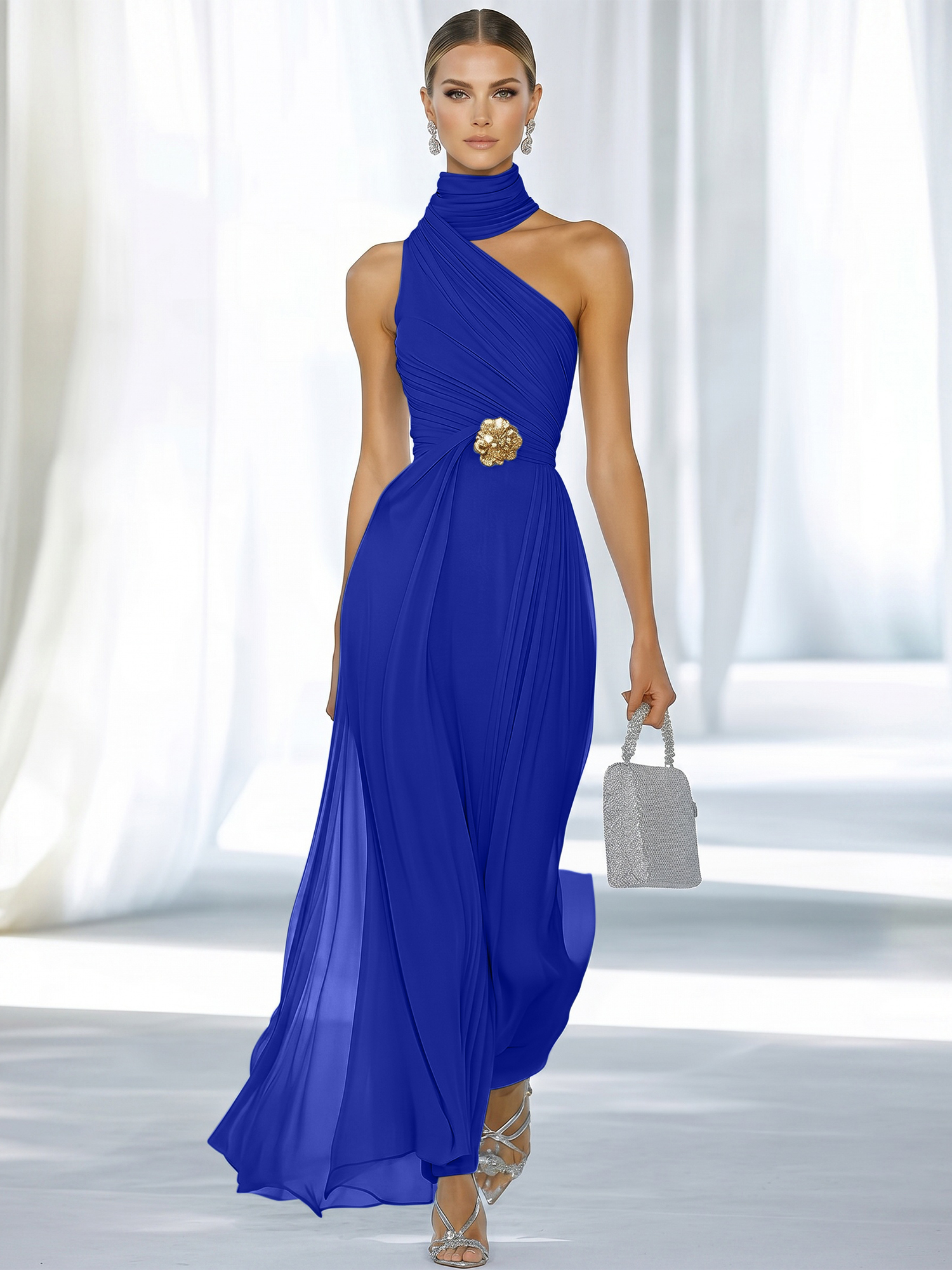 Sky Blue Pleated Chiffon Halter Strapless Formal Evening Dress