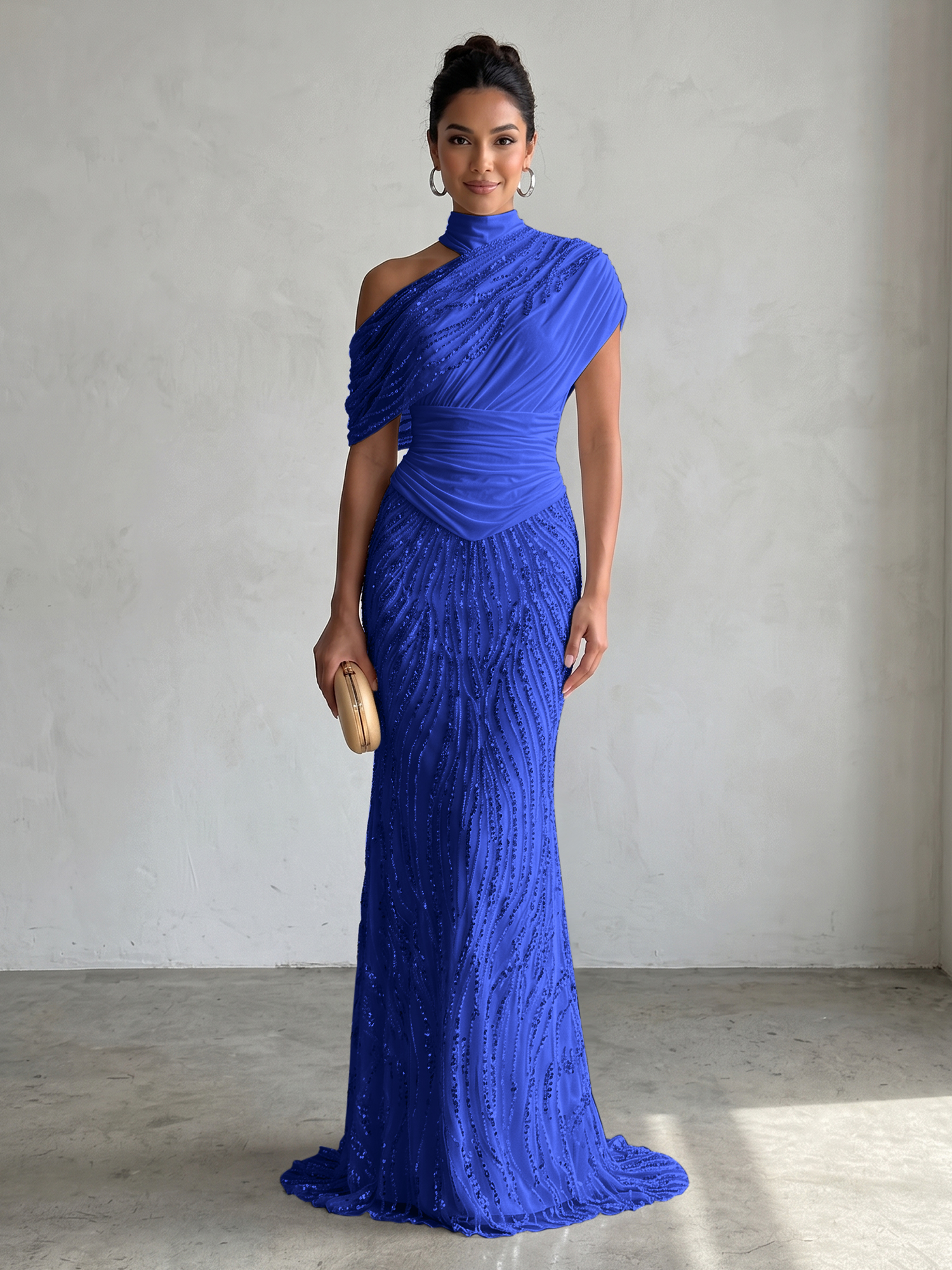 Ethereal White Beaded High-Neck Draped Sheath Formal Evening Dress