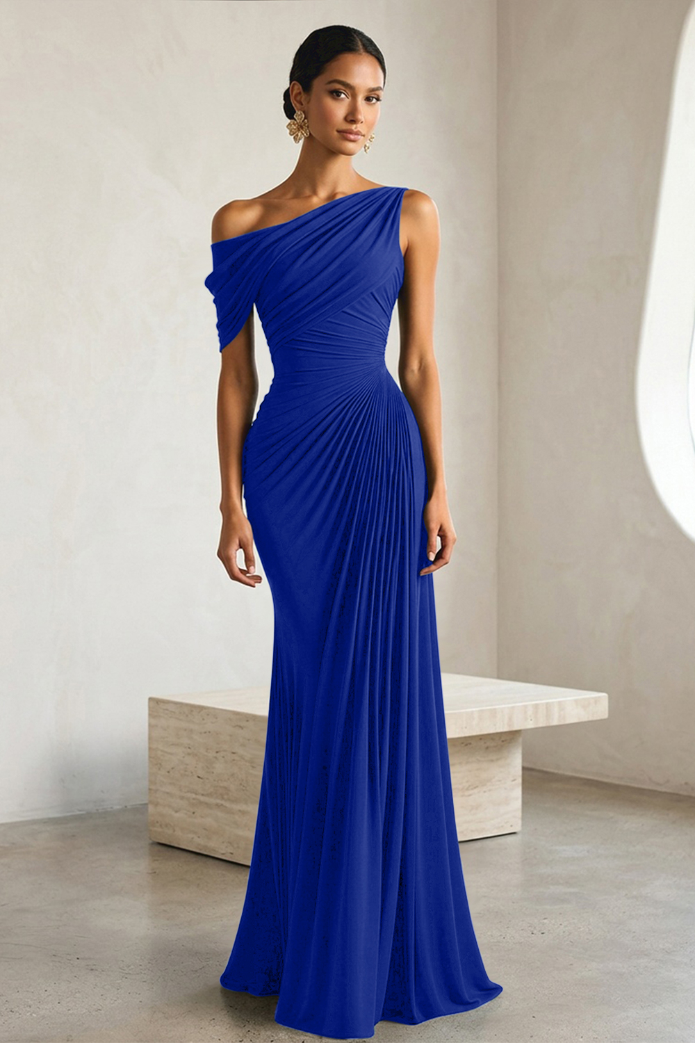 Timeless Black Architectural One-Shoulder Sheath Evening Gown