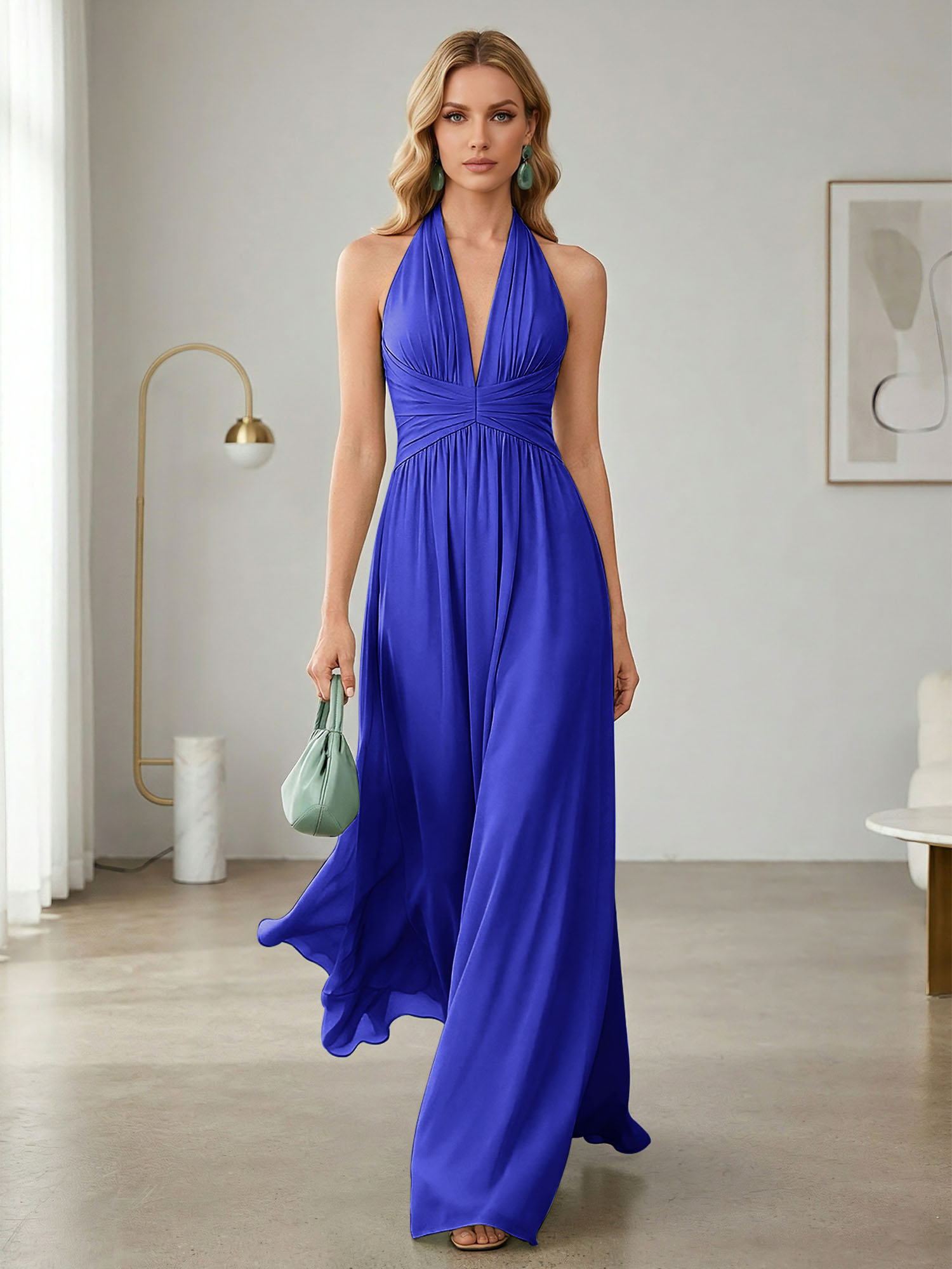 Elegant Sage Green Halter Chiffon Maxi Gown
