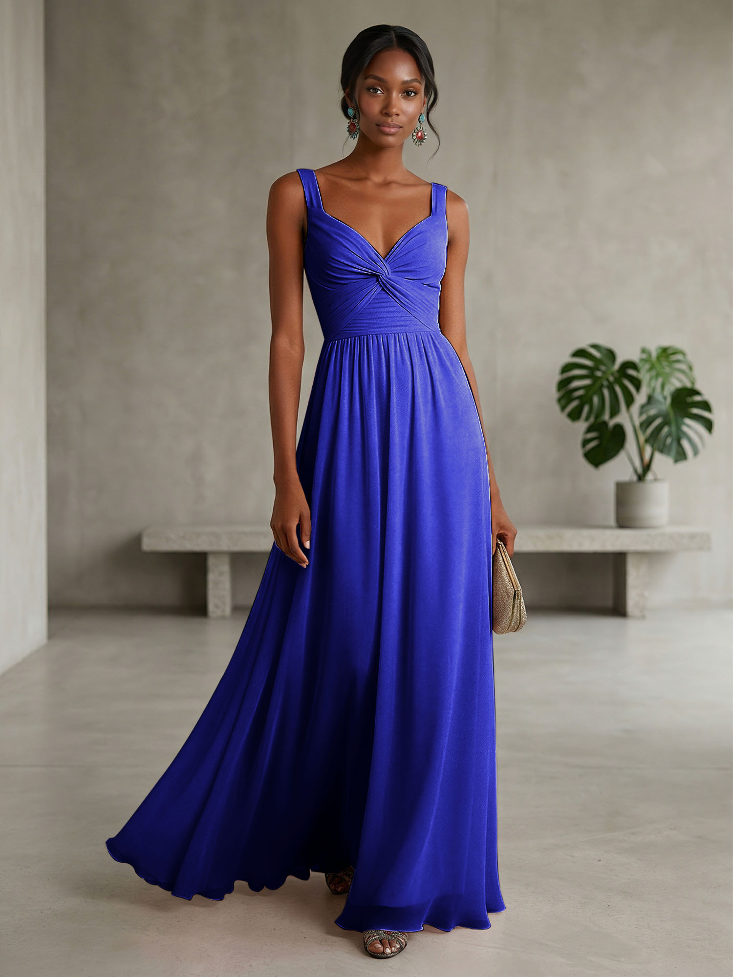 Elegant Soft Blush Twist-Front Chiffon Maxi Gown