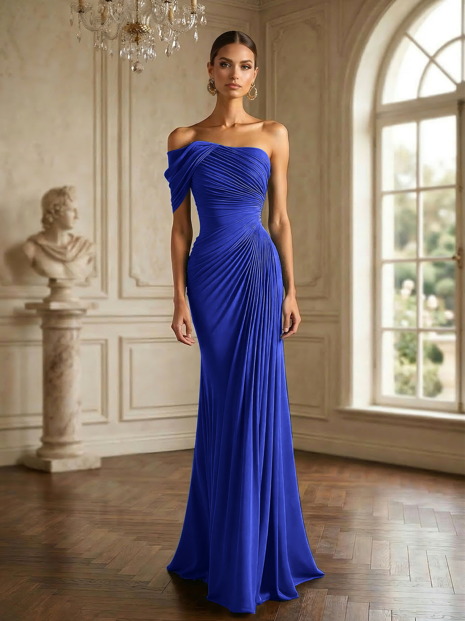 One Shoulder Pleat Mermaid Chiffon Evening Dresses for Women Gown
