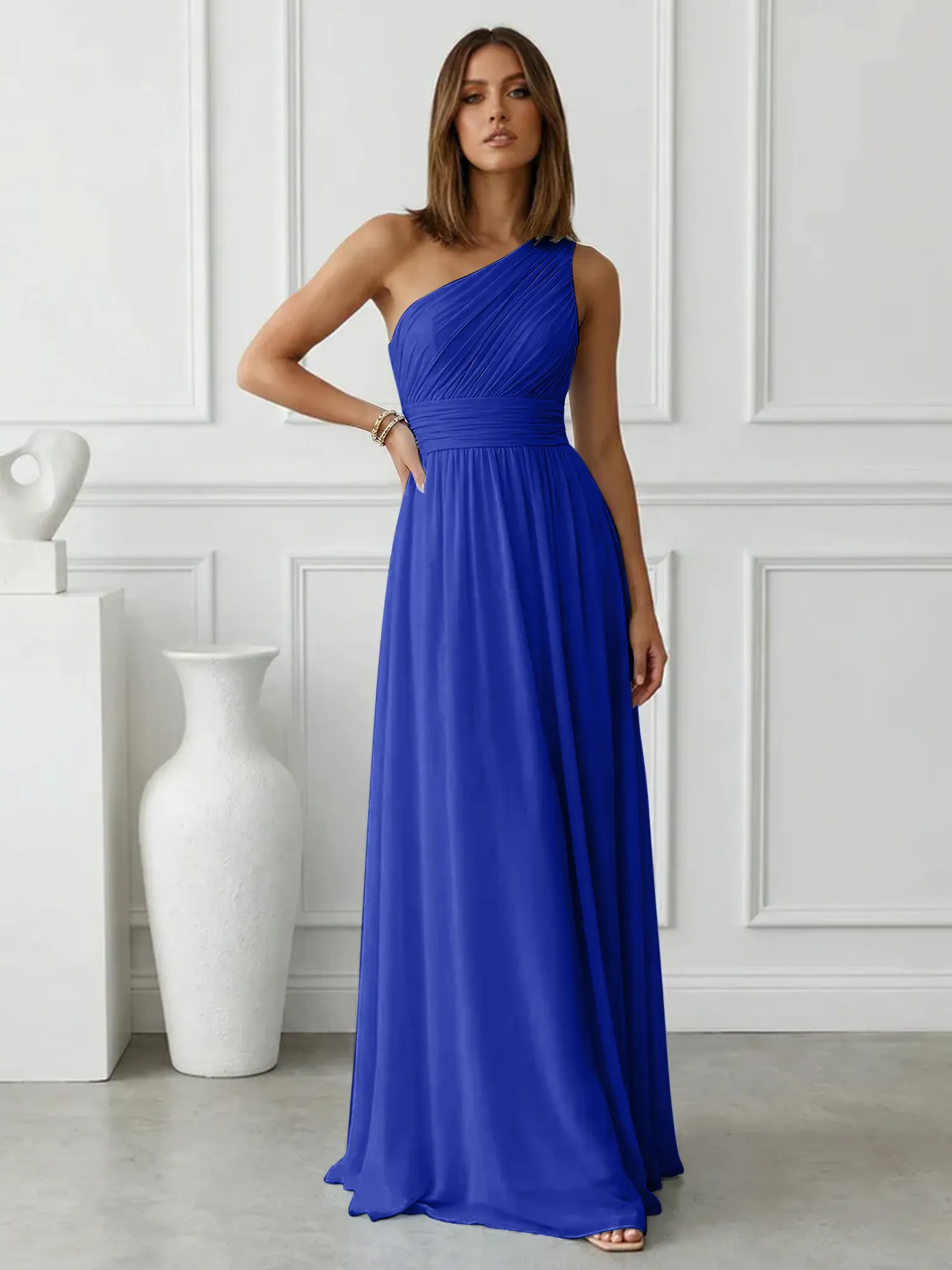 One-Shoulder Pleated Chiffon A-Line Evening Dress