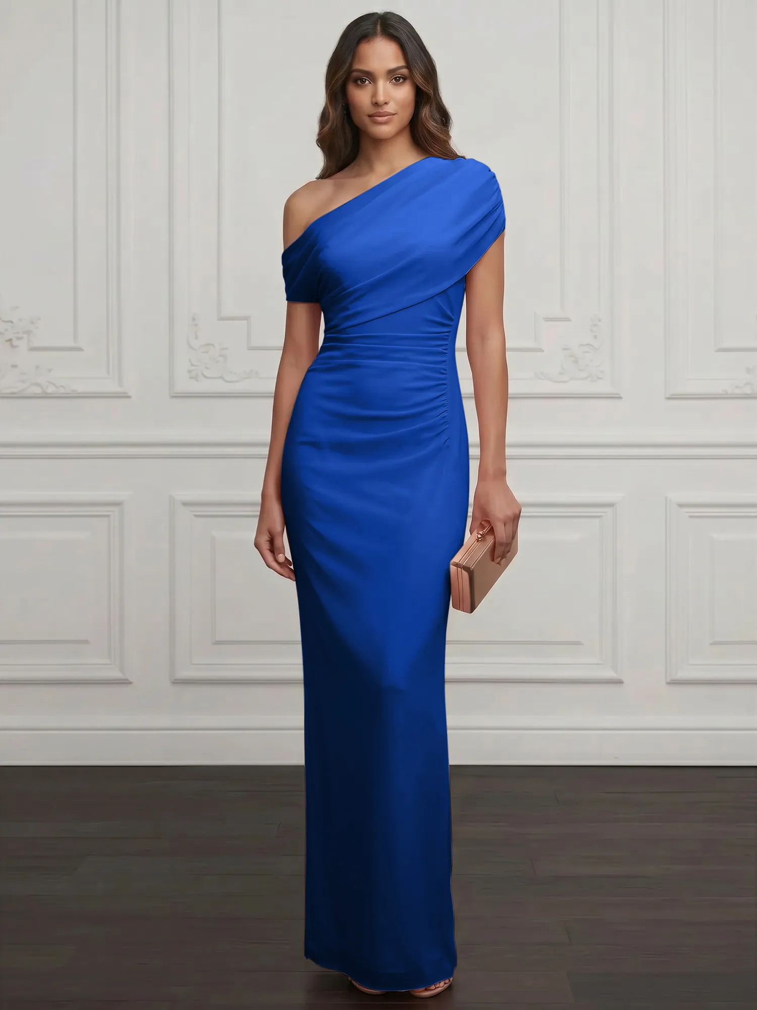 One-Shoulder Draped Chiffon Evening Gown