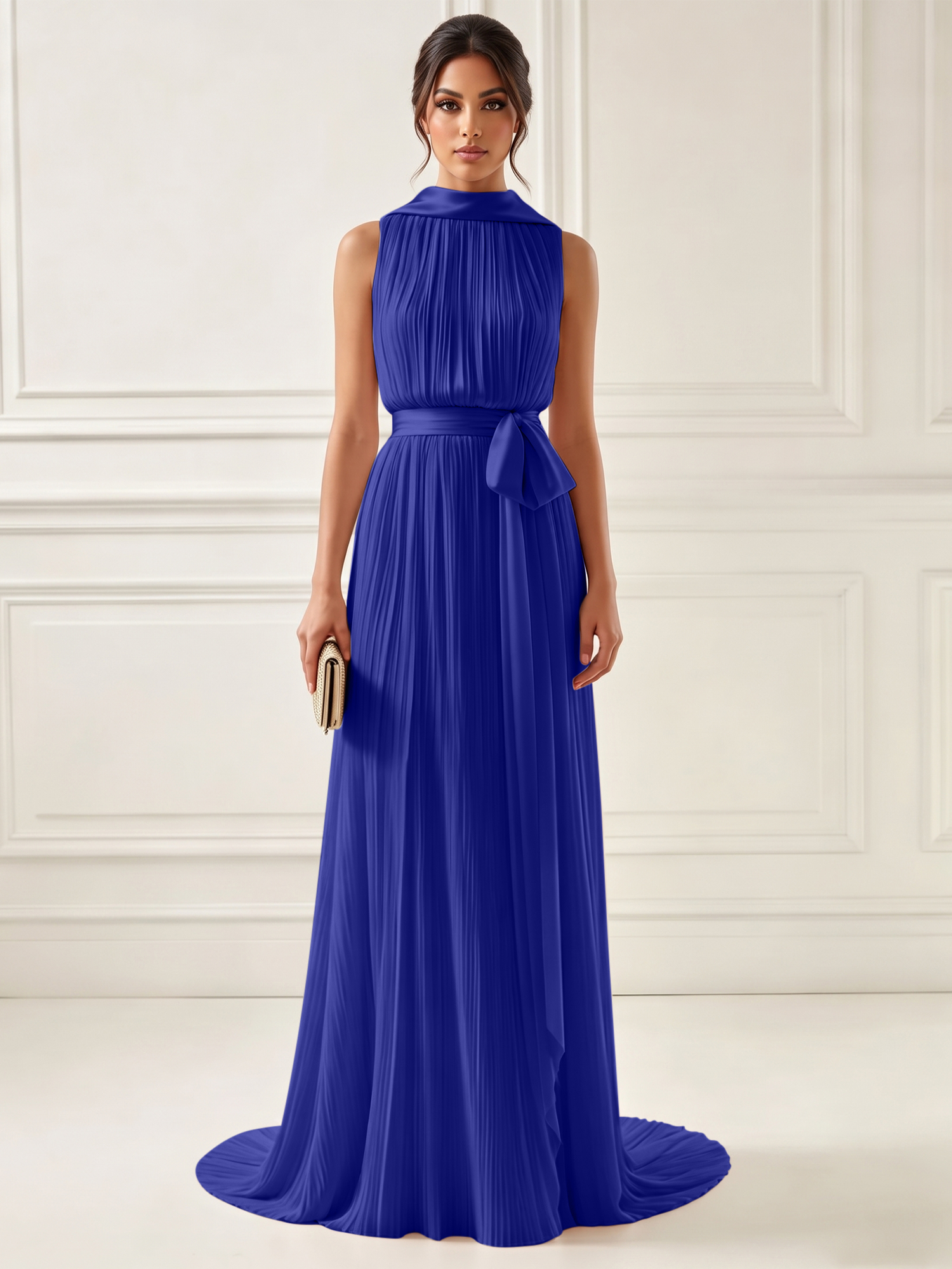 Ethereal Pleated Pastel Pink High Neck Maxi Formal Evening Dress with Satin Sash
