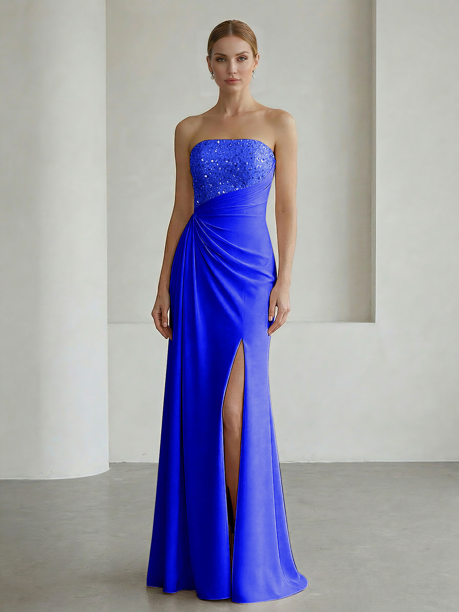 Glamorous Formal Evening Dress Soft Blush Beaded Strapless Slit Gown
