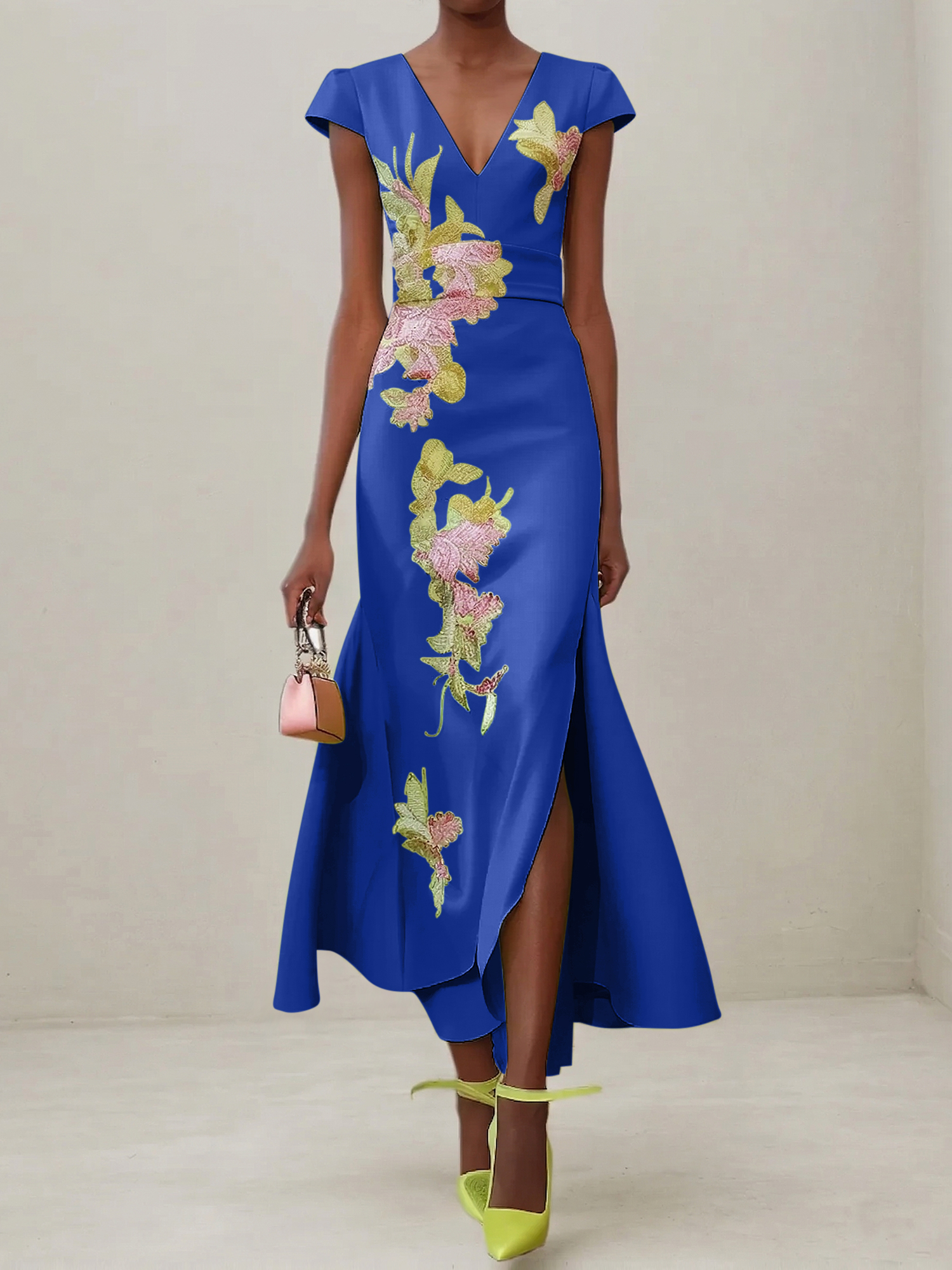 Elegant V-Neck Cap Sleeve Satin Midi Gown with Floral Embroidery & High Slit
