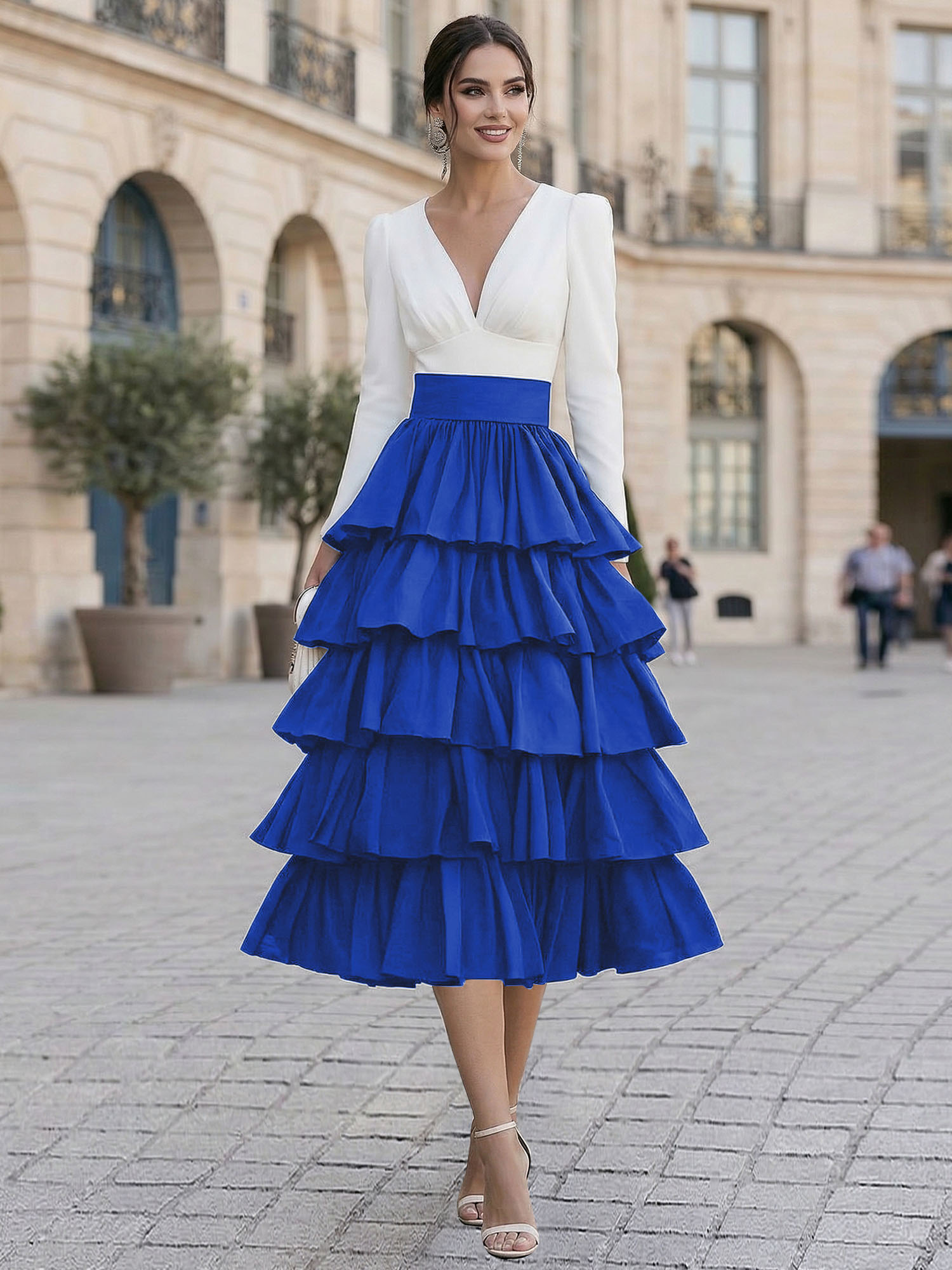 Elegant V-Neck Long Sleeve Tiered Ruffle Midi Dress with Contrast Waistband