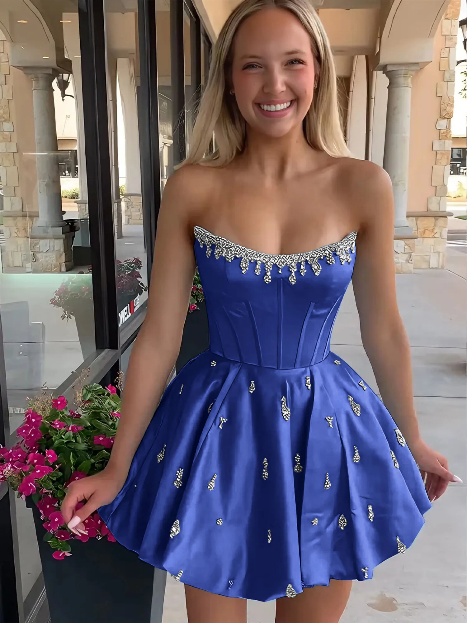 Strapless Beaded Corset Lace-Up Back Satin Homecoming Dress