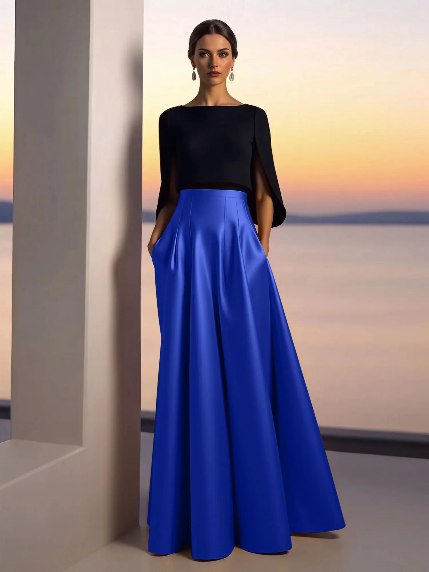 Two-Piece Cape Sleeve Satin Ball Gown Evening Dress