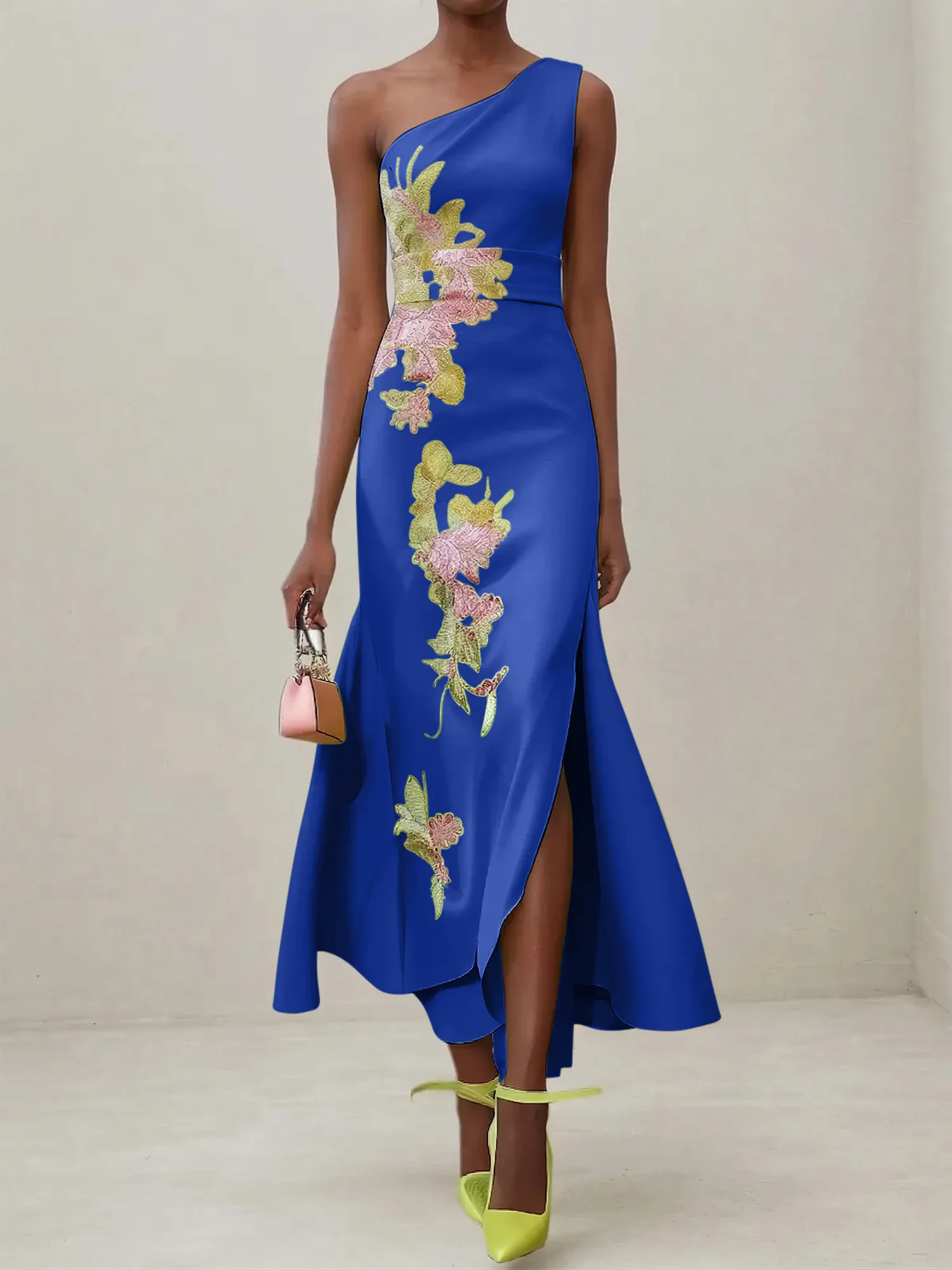 Elegant One Shoulder Cap Sleeve Satin Midi Gown with Floral Embroidery & High Slit