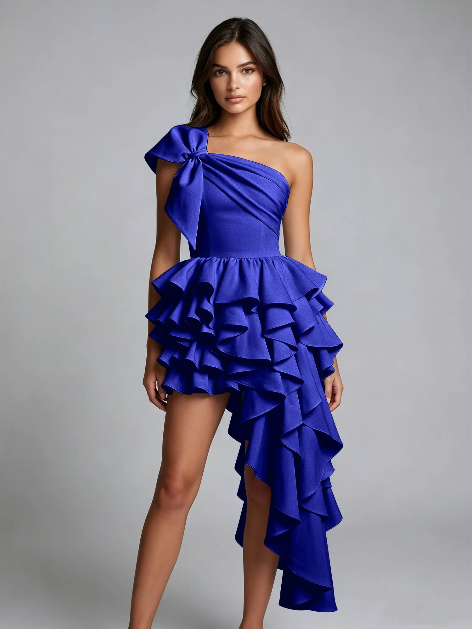 One-Shoulder Bow Tiered Ruffle Asymmetrical Homecoming Dress