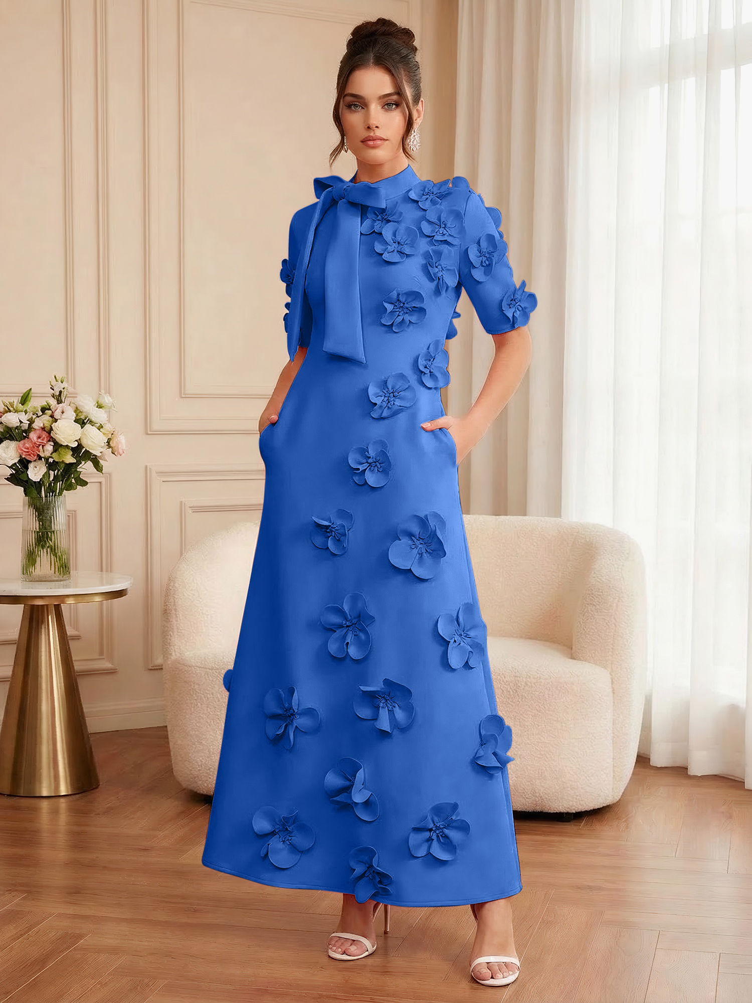 Pink Short Sleeve 3D Floral Maxi Dress Gown