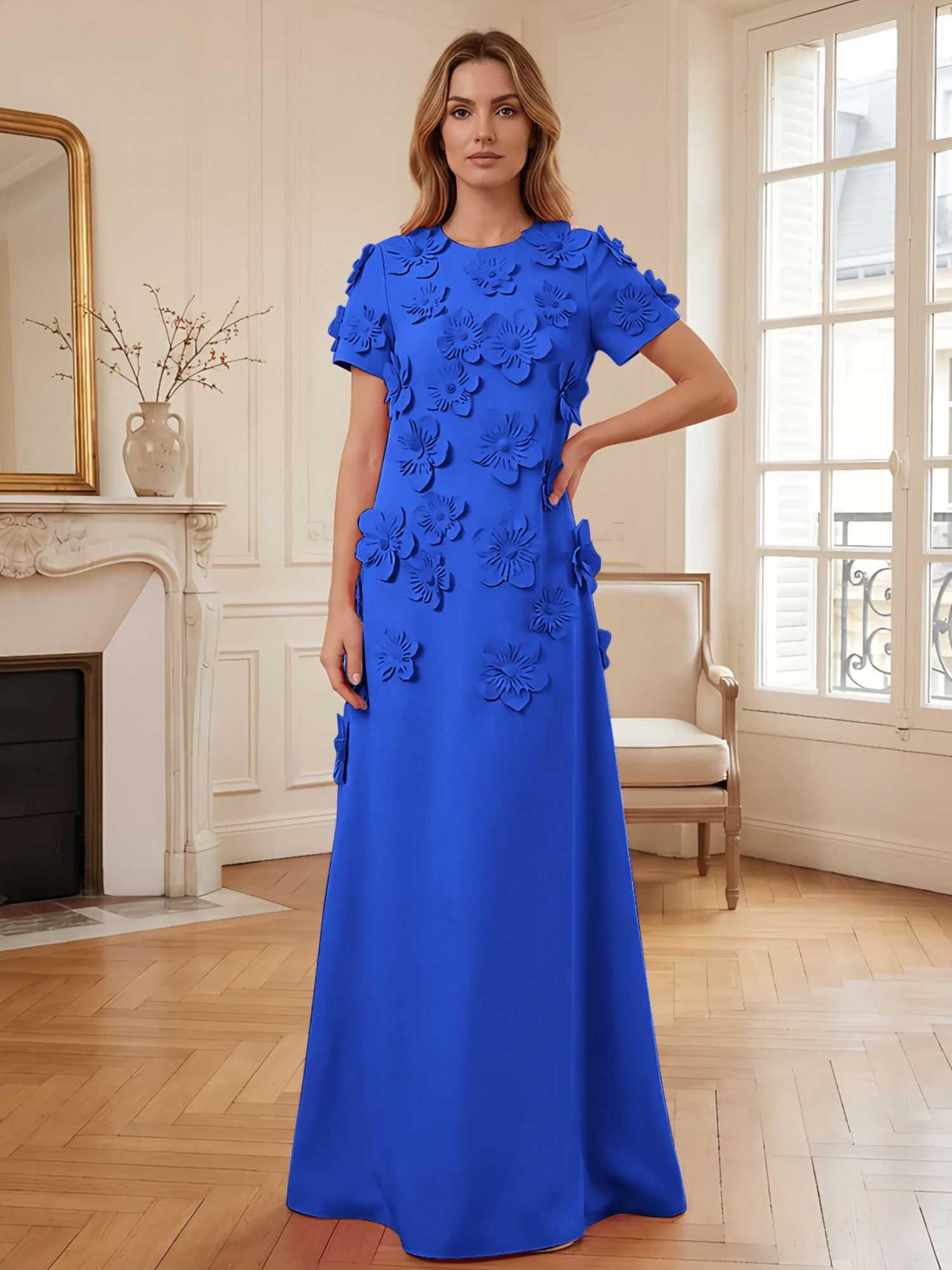 3D Floral Applique Short-Sleeve Column Evening Gown